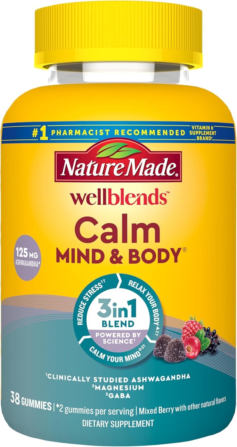 Nature Made Wellblends Calm Mind & Body, Magnesium Citrate, Ashwagandha 125mg & GABA 100mg Blend for Stress Relief, 38 Gummy Vitamins