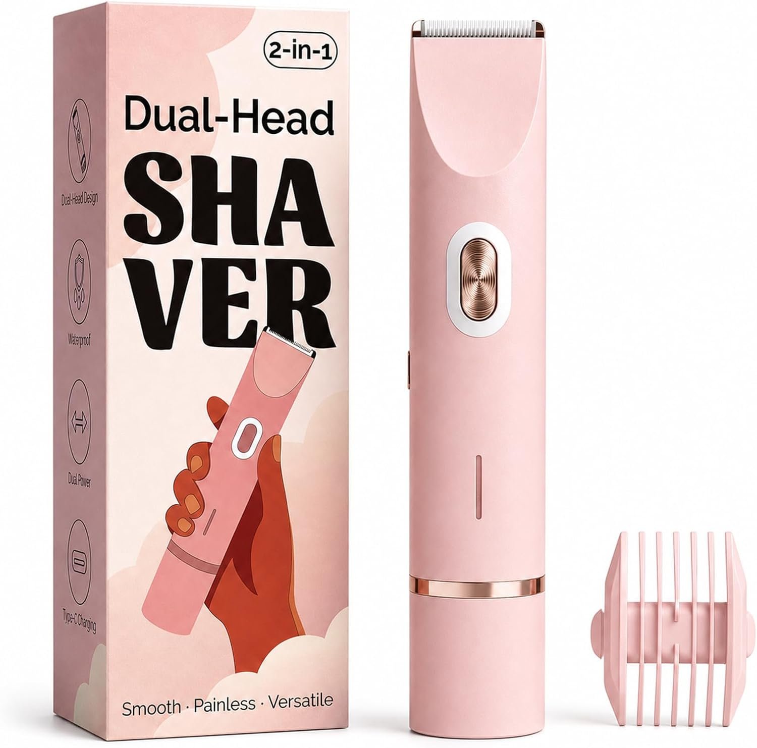 Mpotmiy 2-in-1 Electric Bikini Trimmer for Women – Dual Head Electric Razor, Waterproof Painless Shaver, Pubic Hair Trimmer for Private Area & Body Hair, Gifts for Women, Pink