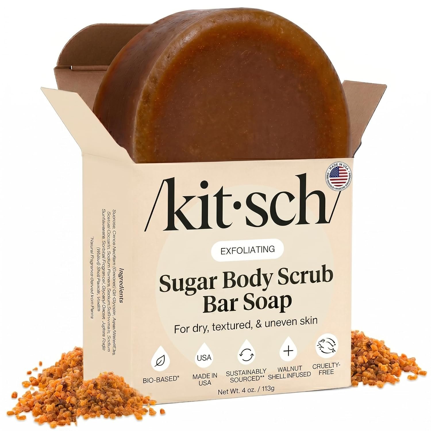 Kitsch Exfoliating Sugar Body Scrub Bar Soap – Polishing Soap Bar with Granules, Walnut Shell & Coconut Oil – Hydrating Exfoliating Body Scrub for Smooth, Glowing Skin Care – Made in the USA – 4 oz