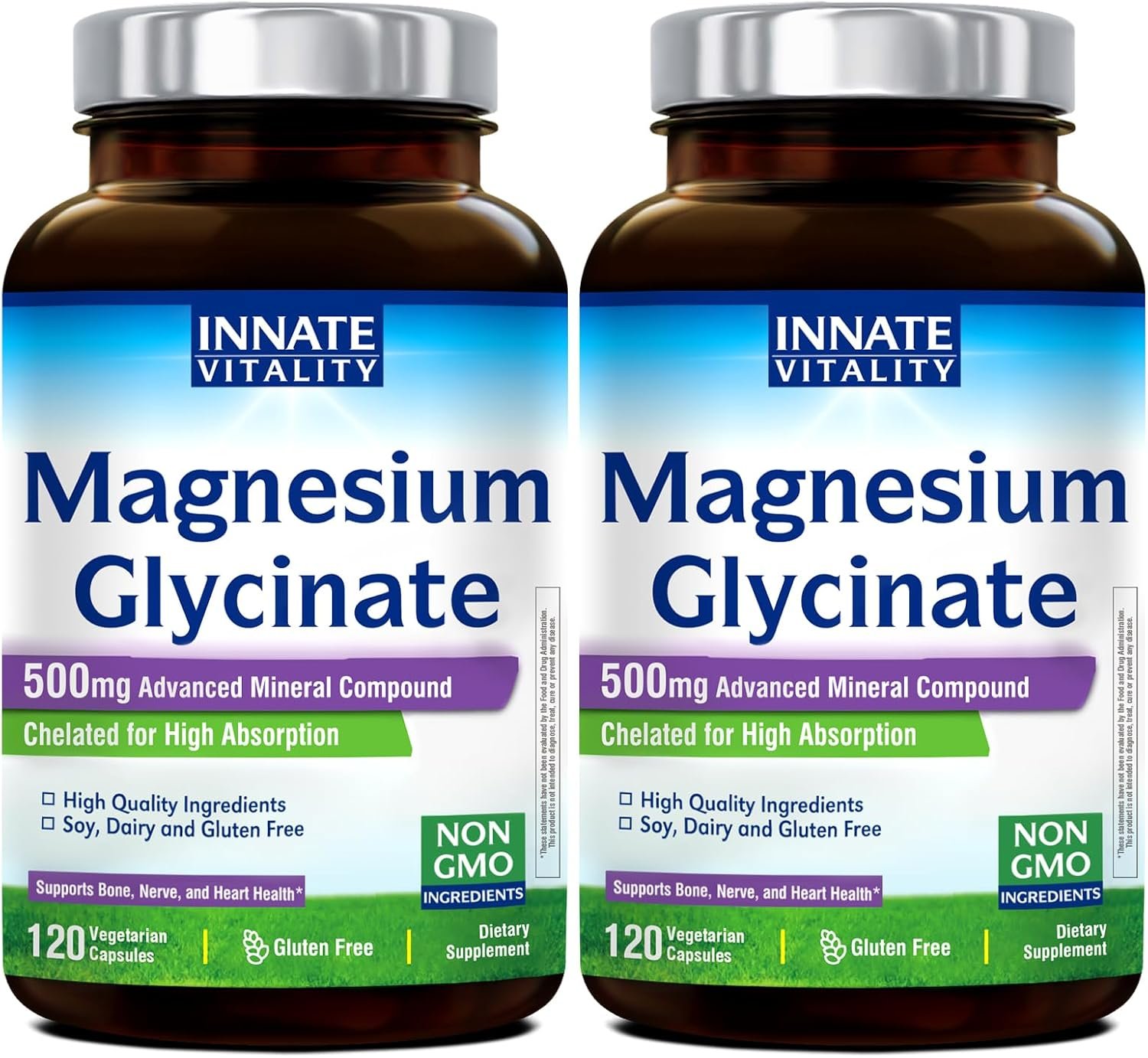 Innate Vitality Magnesium Glycinate 500mg | 70mg Elemental Magnesium Supplement – High Absorption, Non Buffered, Non-GMO & No Gluten – Vegan – Nerve Health – 120 Capsules (Pack of 2)
