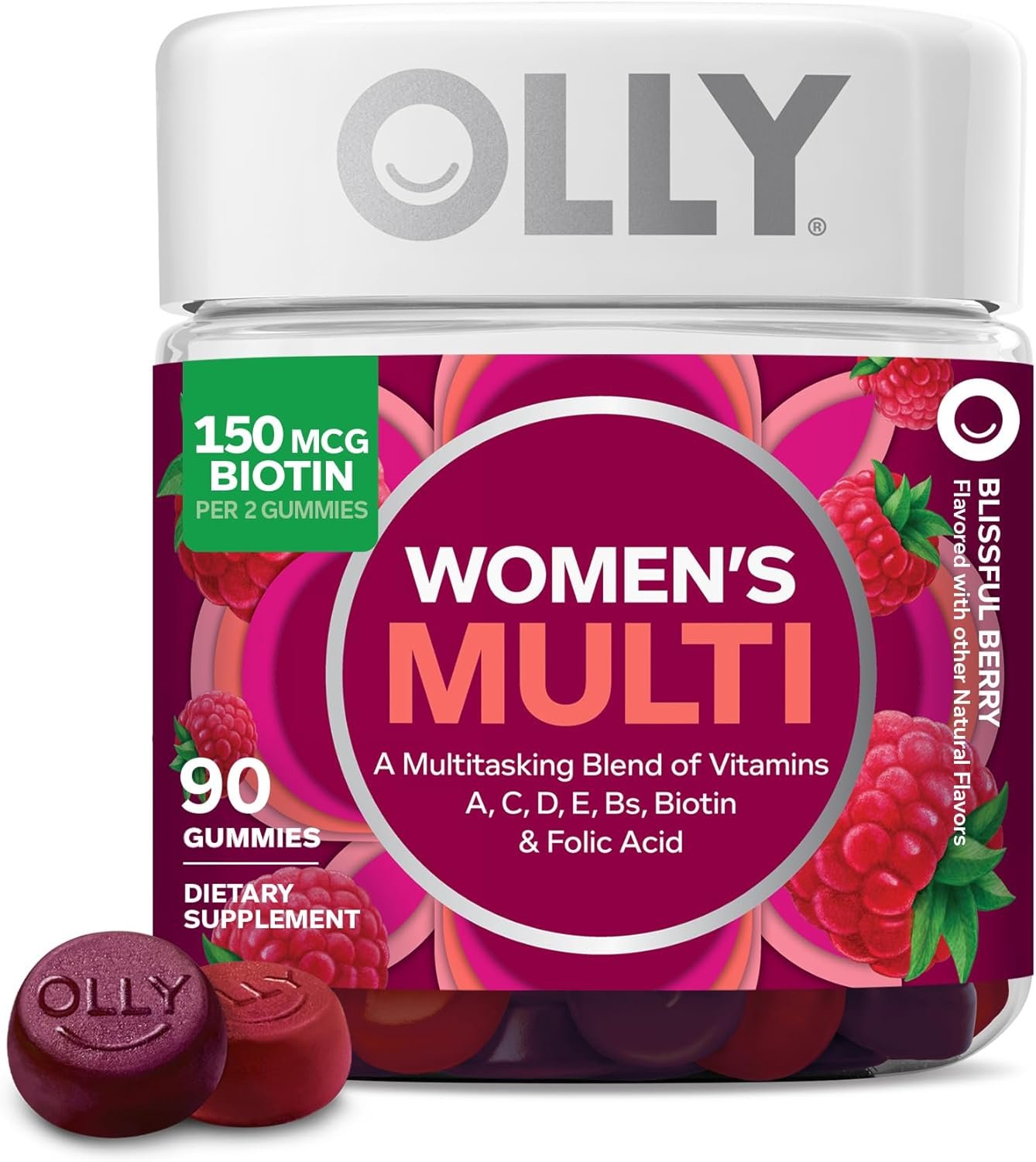 OLLY Women’s Multivitamin Gummy, Women’s Overall Wellness,* Vitamins A, C, D, E, Biotin, Folic Acid, Adult Chewable Supplement, Berry Flavored, 45 Day Supply – 90 Count