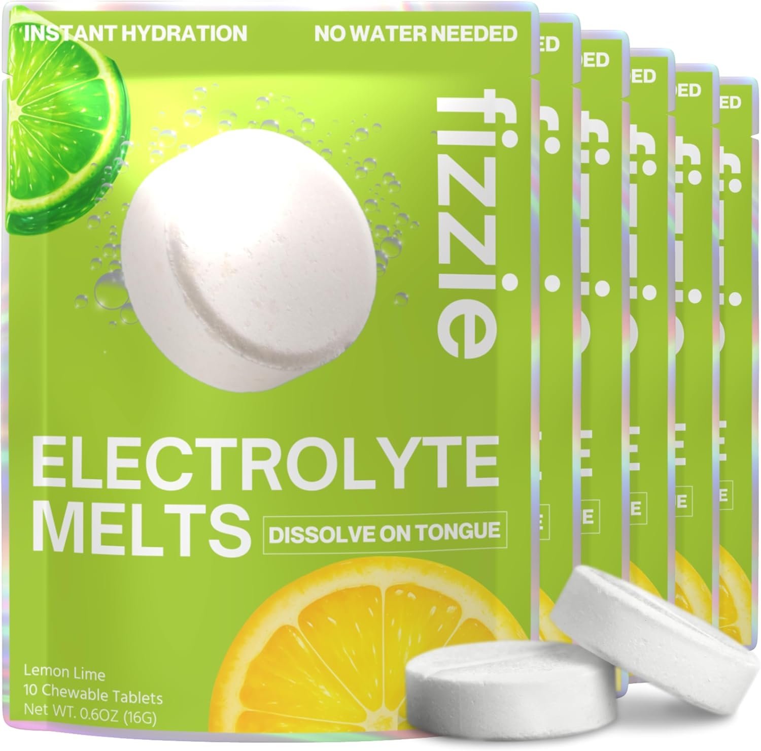 Fizzie Electrolyte Tablets – 4X Faster Absorption – No Water Needed – Rapid Hydration for Runners, Travel & Hangovers – Melts in Mouth – Lemon Lime 6 Pack (60 Servings Total)