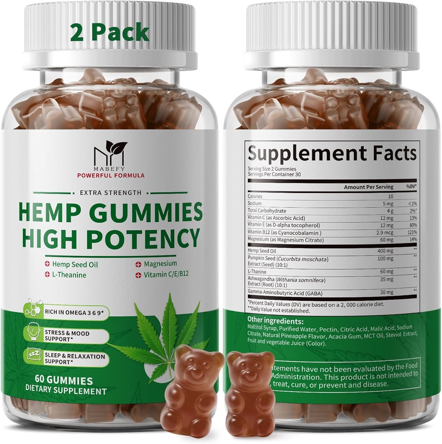 2 Pack Hemp Gummies for Sleep, Stress, Relax & Calm, High Potency Extra Strength with Magnesium, Vitamins, Pumpkin Seed, Ashwagandha, GABA, L-Theanine, Pineapple Flavor, 120 Bears Gummies, Vegan
