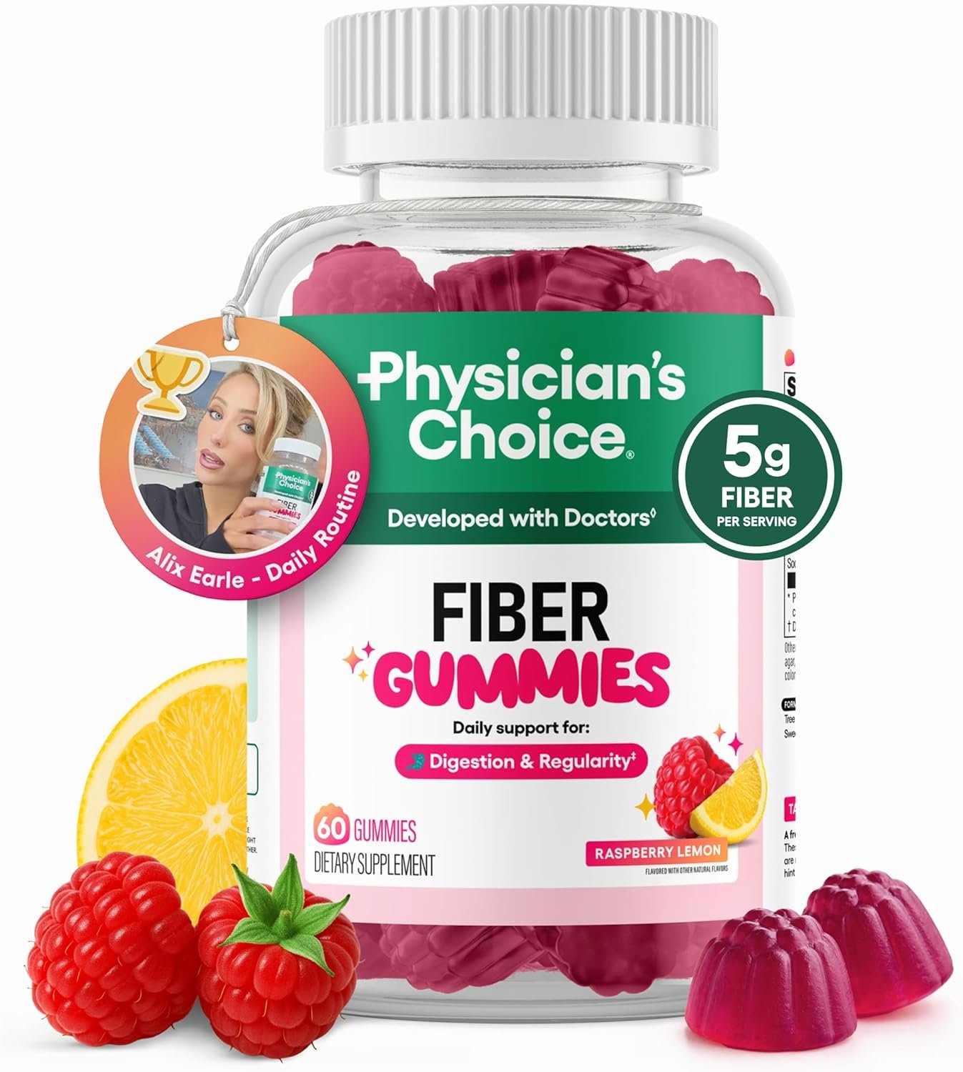 Physician’s CHOICE Fiber Gummies for GLP-1 Support – No Sugar Added & Vegan – Raspberry Lemon – Natural Chicory Root Prebiotic Fiber Gummy – Digestive Health & Regularity for Women & Men – 60CT
