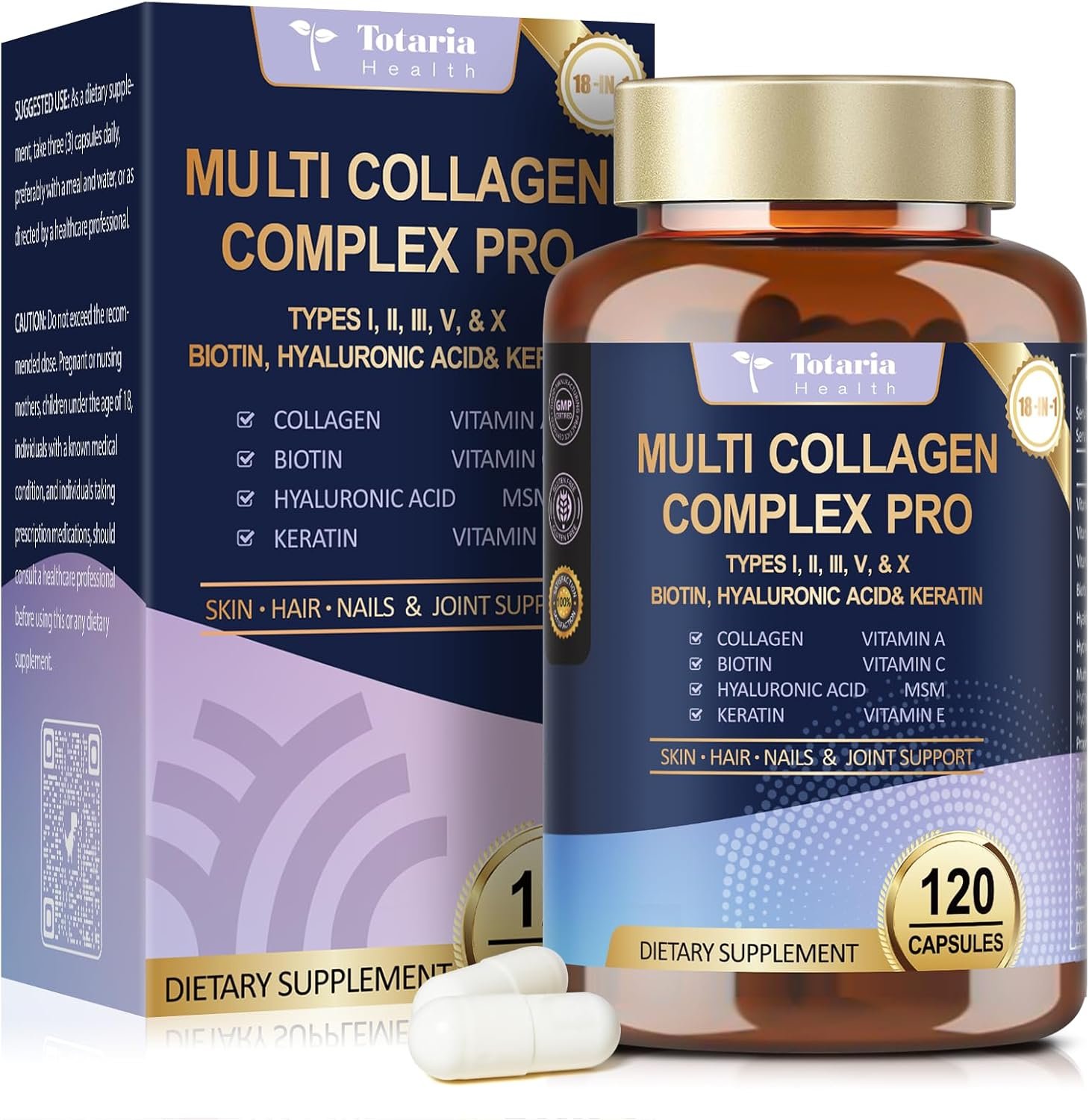 18-in-1 Collagen Pro with Hyaluronic Acid, Keratin, Biotin, VIT A C & E for Skin, Hair, Nails, Joint & Beauty – Multi Collagen Peptides Capsules with Type I II III V & X for Women & Men – 120 Caps