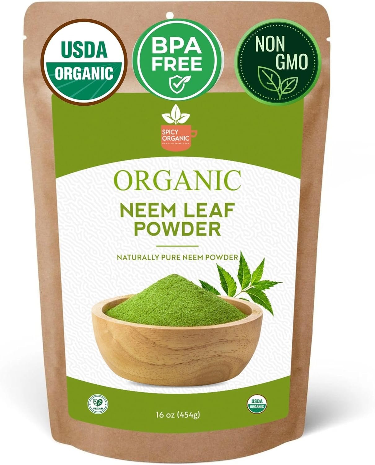 SPICY ORGANIC Neem Powder – 16 oz. – Certified USDA Organic -Non-GMO – Fresh Dried Neem Leaves Powder for Healthy Hair and Skin – Azadirachta Indica Ayurvedic Herb for Overall Wellbeing