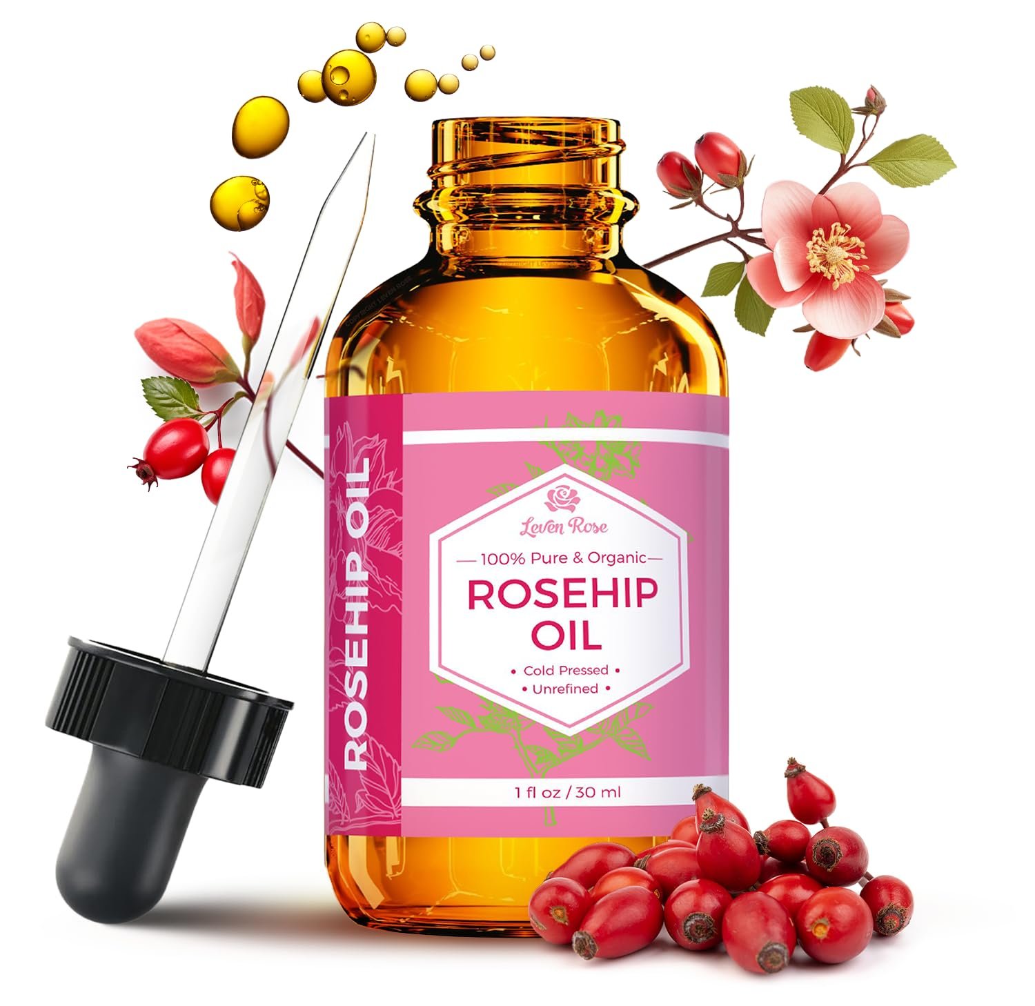 Leven Rose Rosehip Seed Oil, 100% Pure Unrefined Cold Pressed Anti Aging Rose Hip Moisturizer for Hair Skin & Nails, 1 Fl. Oz…