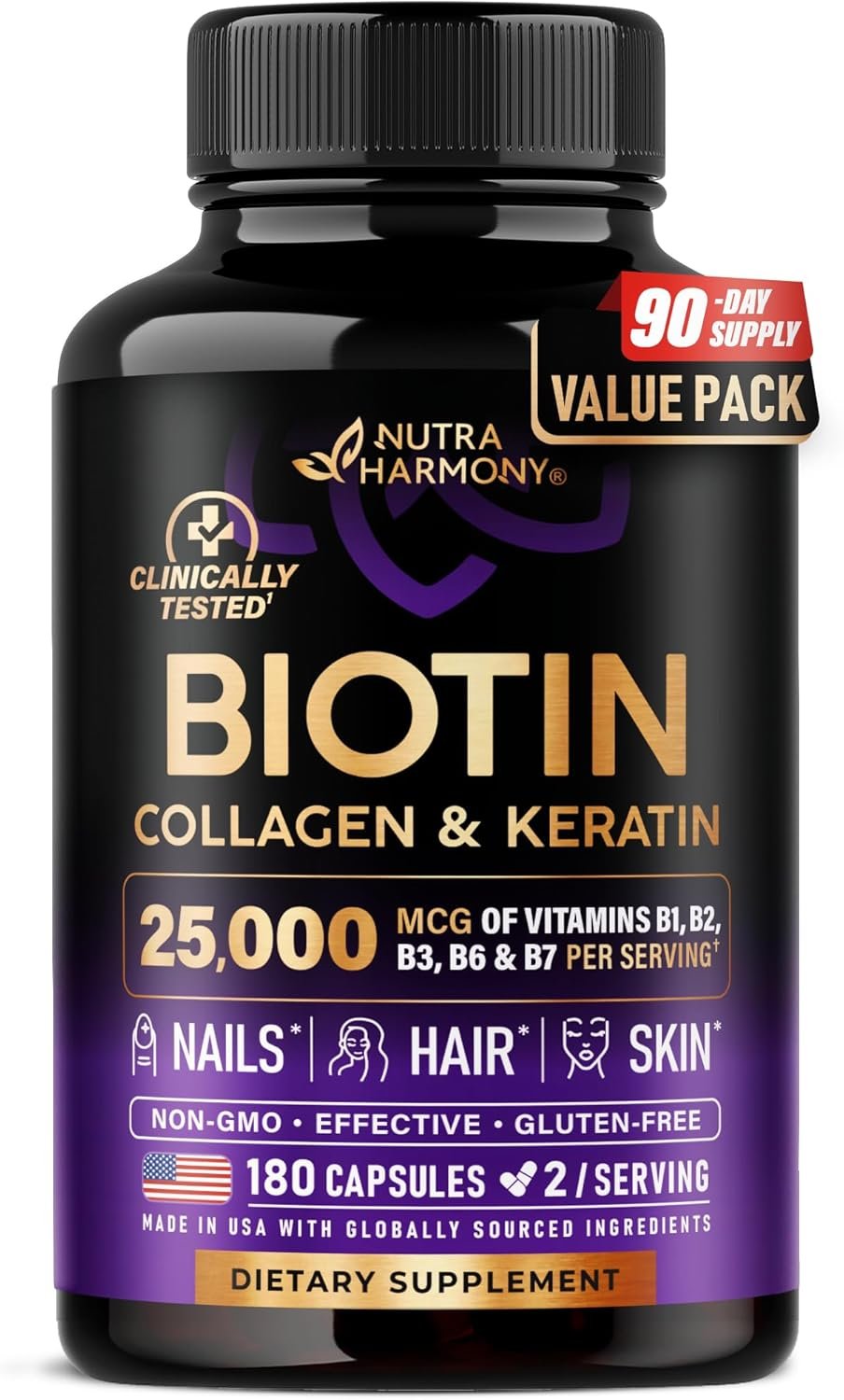 Biotin | Collagen | Hyaluronic Acid | Keratin – Support Normal Hair Growth Cycle, Skin & Nails – Clinically Tested – 25000mcg Vitamins B1, B2, B3, B6 & B7 – for Women & Men – 180 Capsules