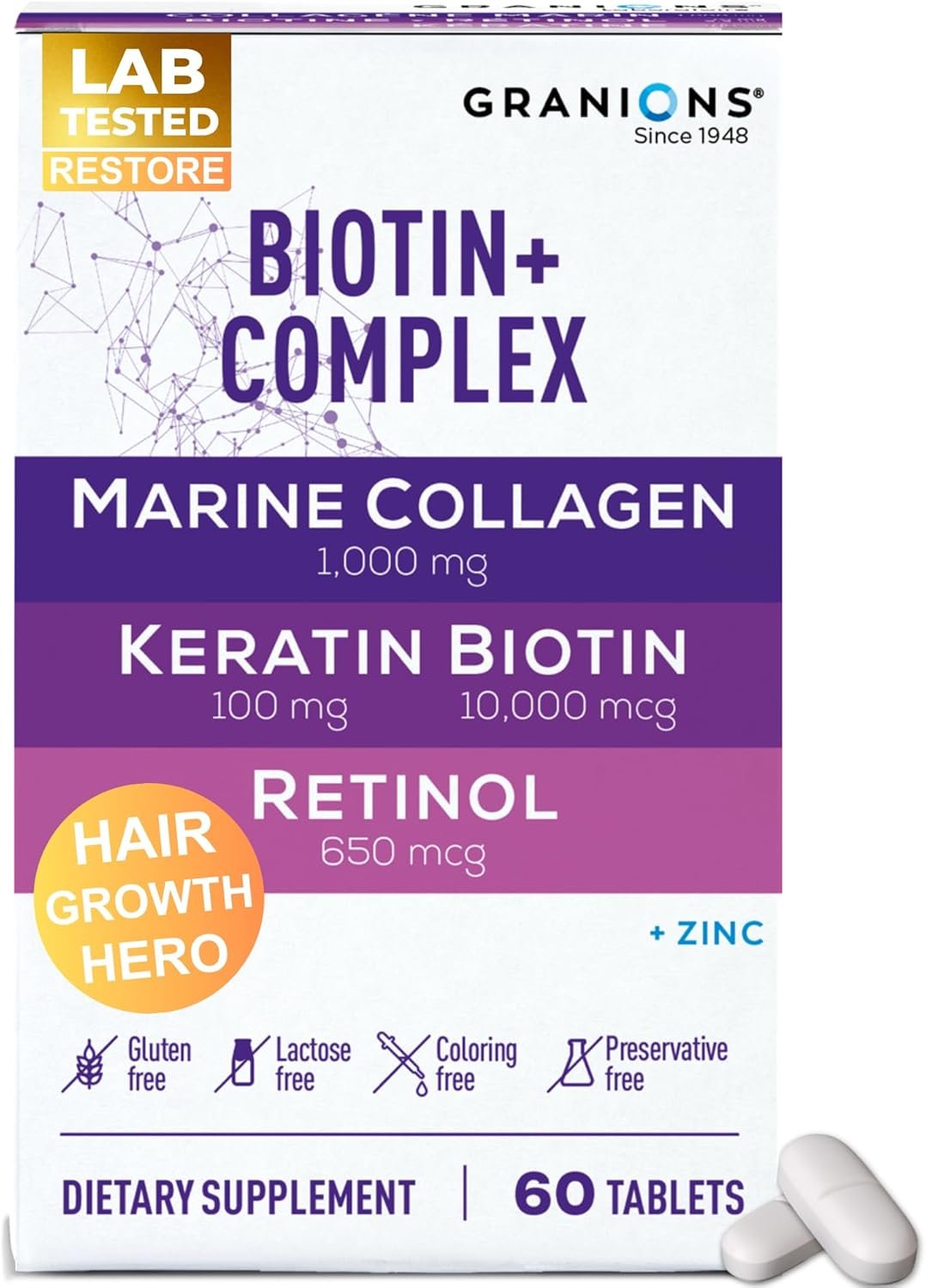 Biotin Collagen Keratin Supplement Hair Growth Tablets – Biotin 10000mcg, Marine Collagen Peptides, Keratin, Retinol, Zinc, Vitamin B6 – Hair, Skin and Nails Complex for Women and Men – 60 Tablets