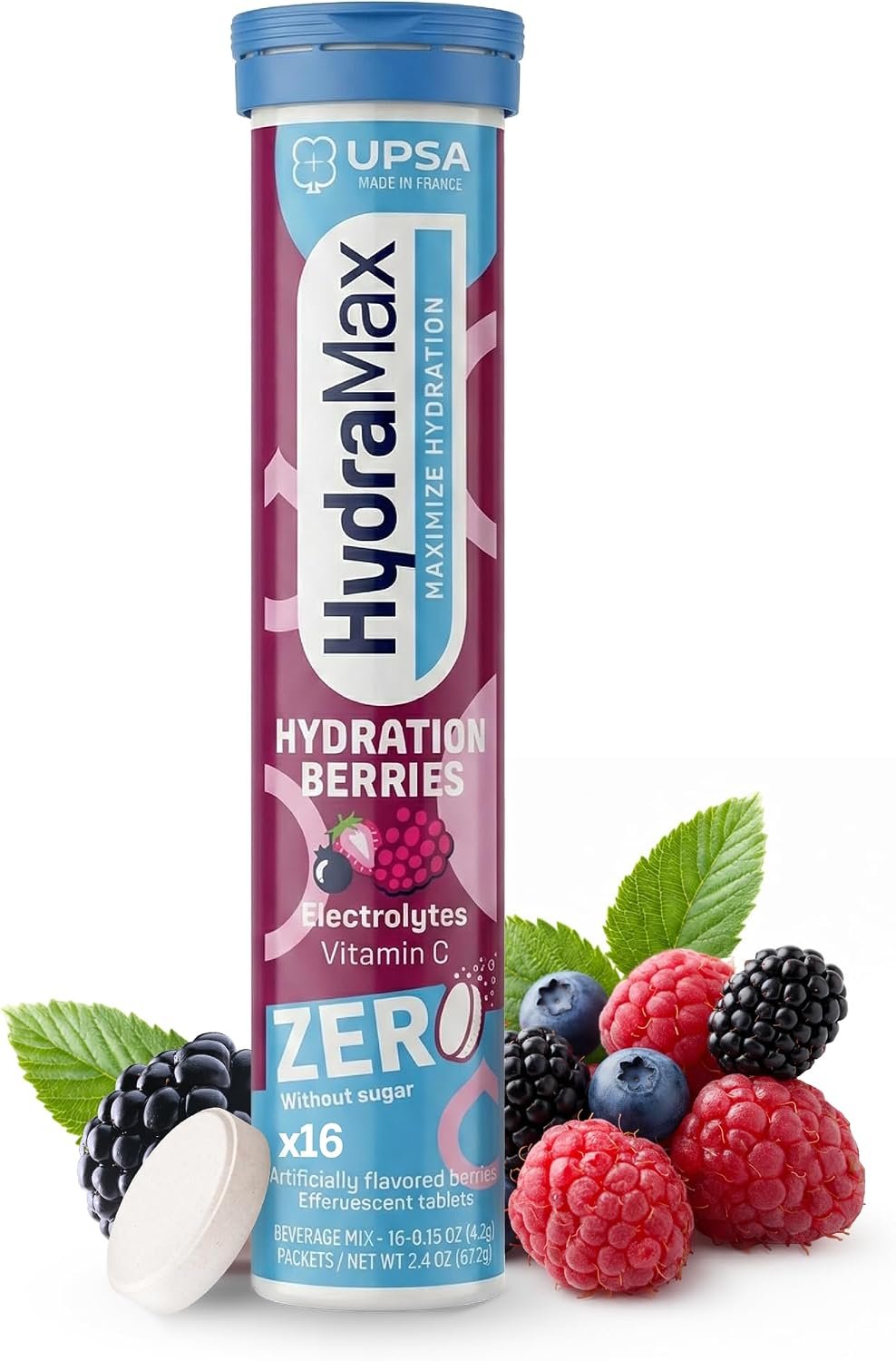 Upsa Hydramax Zero Added Sugar Electrolytes Hydration Tablets – Mixed Berry Effervescent Hydrating Supplement with 4 Essential Electrolytes & Vitamin C, Daily Hydration Mix Support, 16 Count
