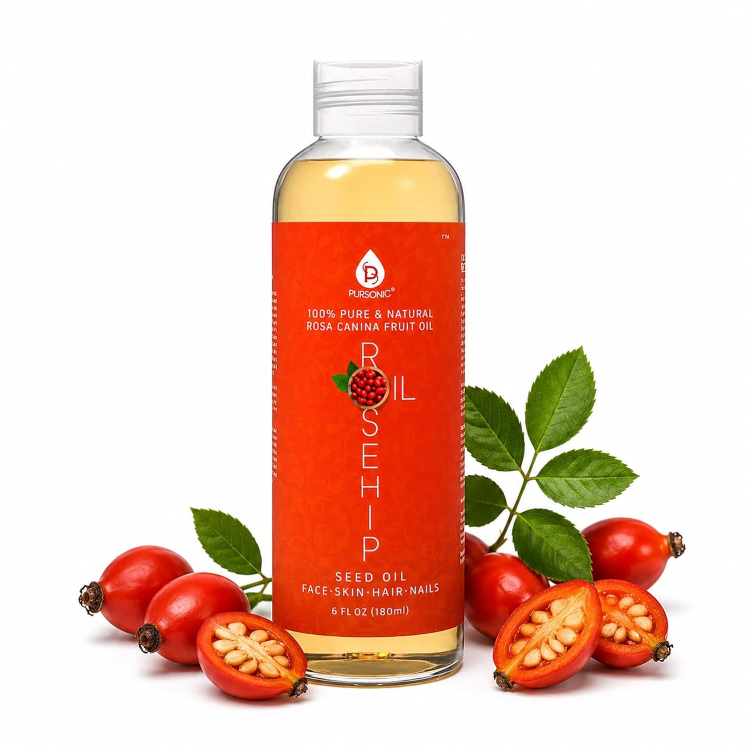 PURSONIC Pure Cold Pressed Rosehip Seed Oil for Face, Hair, Skin & Nails – Hydrating Lightweight Moisturizer for Dry Acne Prone Skin & Brightening Care with Fast Absorbing Formula – 6 Fl Oz