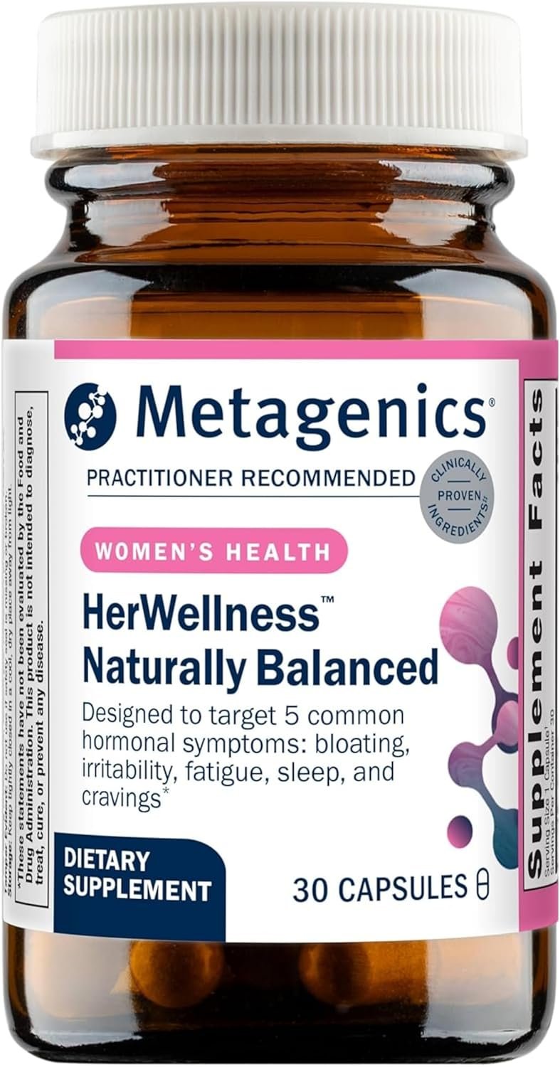 Metagenics HerWellness Naturally Balanced – Women’s Hormone Support with Saffron, Licorice Root, Vitamin B6 & Chromium – Supports Bloating, Mood, Stress, Sleep & Energy – Gluten-Free – 30 Capsules
