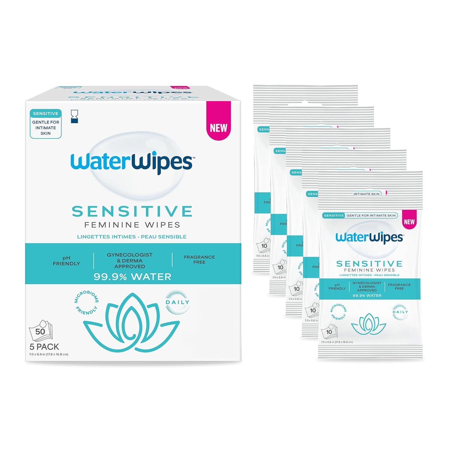 WaterWipes Sensitive Feminine Wipes, 99.9% Purified Water, pH Friendly for Daily Intimate Care, Gynecologist Approved, Fragrance Free, 50 Count (5 Packs)