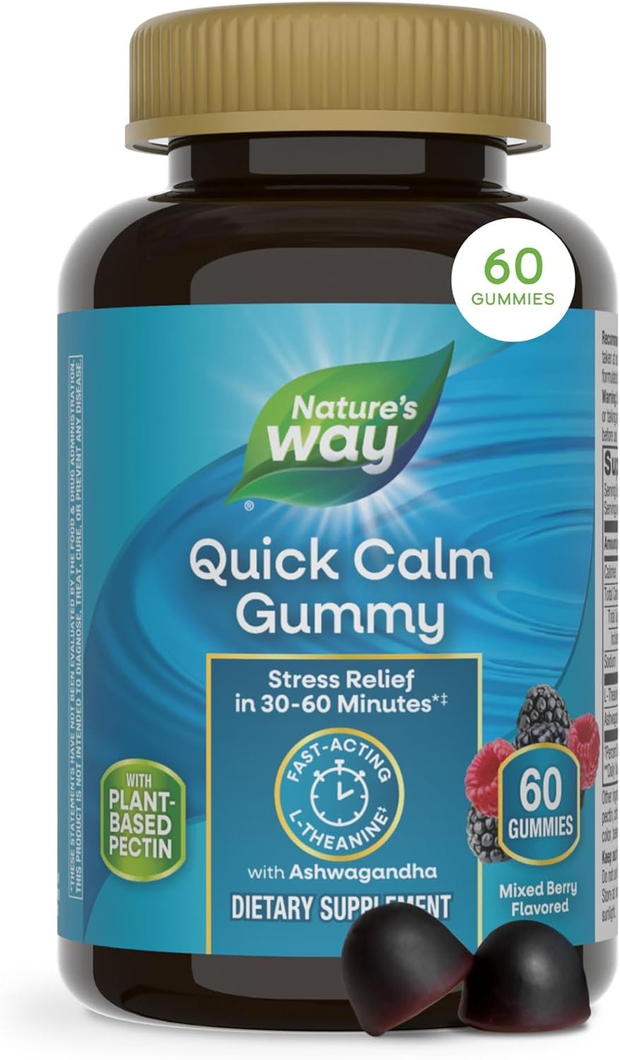 Nature’s Way Quick Calm Gummies, Stress-Reducing Gummy with L-Theanine,* Fast-Acting Stress Relief Within 30-60 Minutes*(1), with Ashwagandha, Vegetarian, Mixed Berry Flavored, 60 Gummies