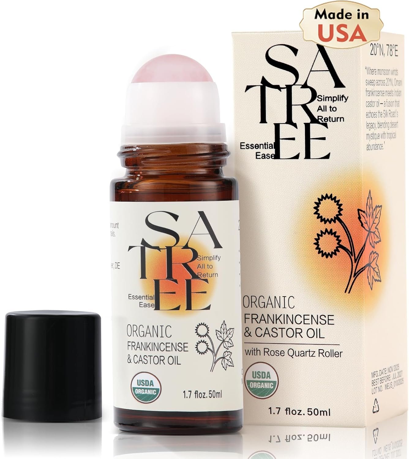Organic Castor & Frankincense Oil with Rose Quartz Rollerball – USDA Certified Essential Blend Oil Roll-On, for Face & Body, Anti-Aging, Dark Circles (1.7fl oz)