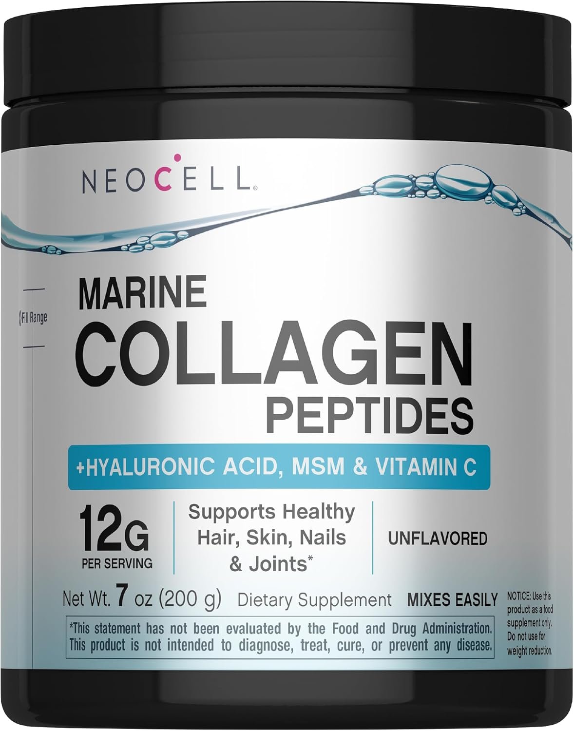 NeoCell Marine Collagen Peptides Powder | 7 oz | Unflavored Supplement | with Vitamin C and MSM | Plus Hyaluronic Acid | Prebiotic Fiber Beauty Blend | Hair, Skin, & Nails | for Women and Men
