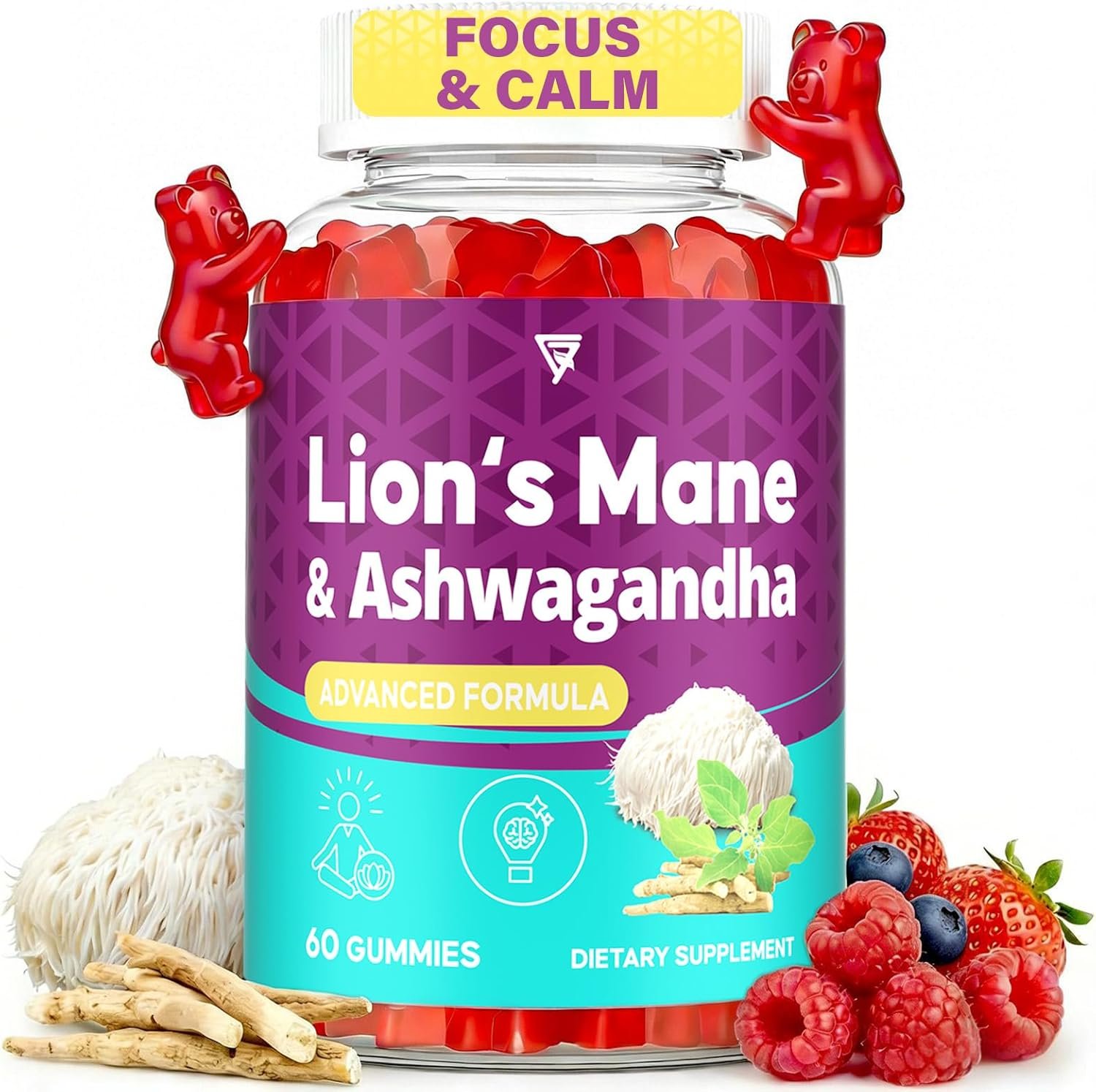 Organic Ashwagandha Gummies & Lions Mane Gummies with 4 Adaptogens| Brain Supplements for Memory and Focus, Stress, Energy, Immune, Sleep| Cortisol Supplements for Women & Men| Berry Flavor, 60 Counts