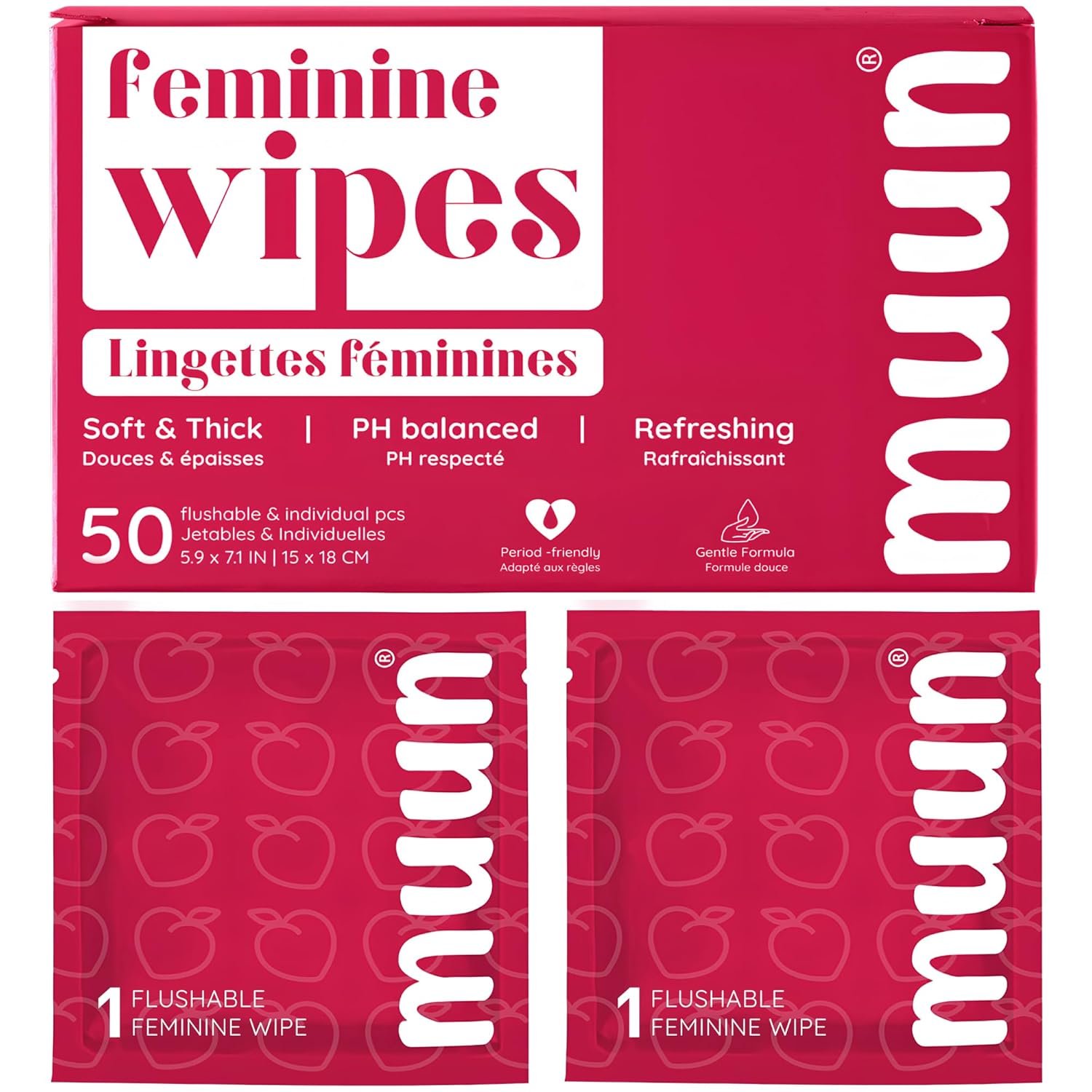 Muun Feminine Wipes Flushable – 50 Counts Individual Vaginal Wipes Ph Balance, Anti Itch Deodorant Hygiene Wrapped Personal Cleansing, Wet Wipes for Intimate, Butt