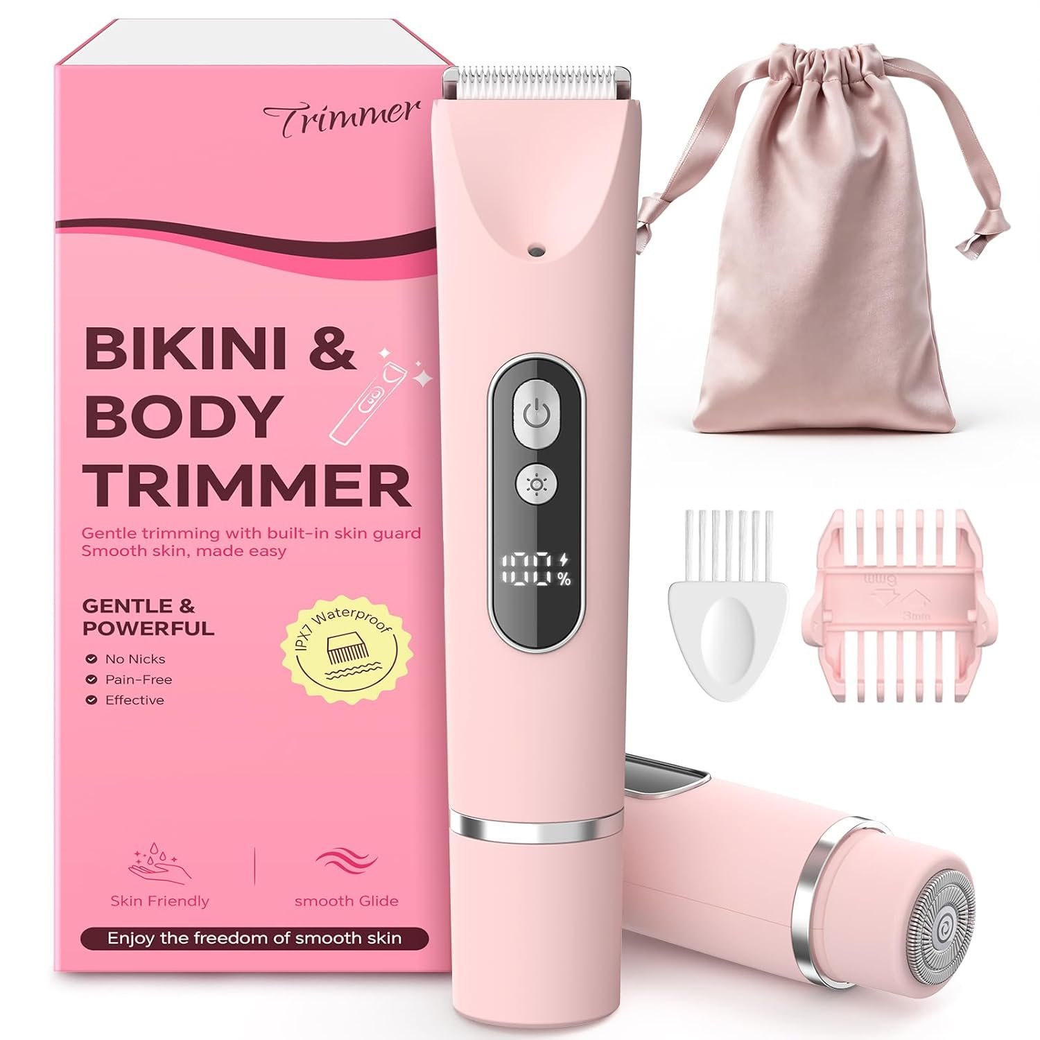 Bikini Trimmer for Women,Smooth Electric Razor for Sensitive Skin, IPX7 Waterproof Wet & Dry Cordless Body Shaver & Grooming Set for Bikini Area, Pubic Hair, Face, Underarms & Legs (Pink)