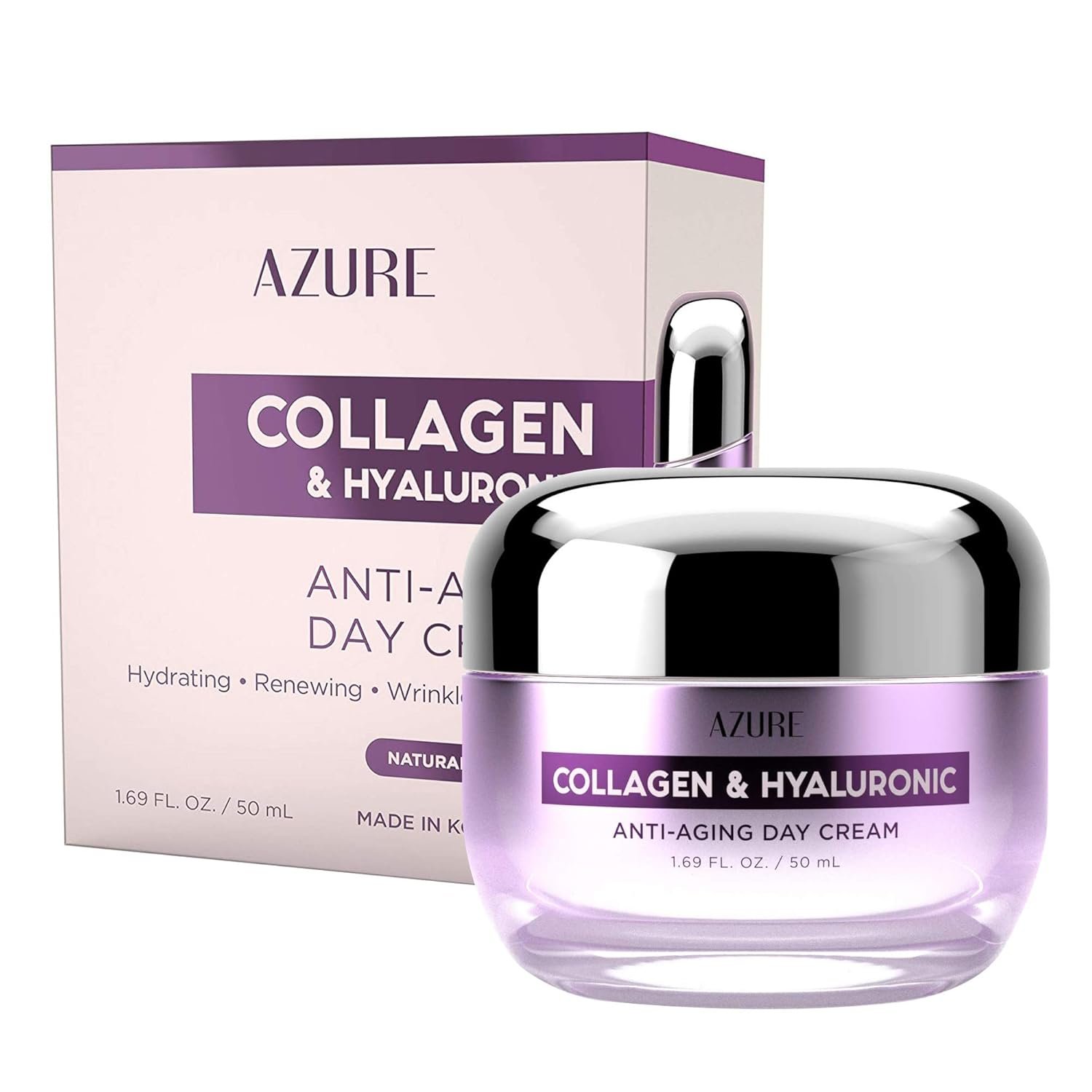Azure Cosmetics Collagen & Hyaluronic Acid Face Moisturizer – Dermatologist Tested, Anti-Aging Cream for Fine Lines & Wrinkles – Ultra Hydrating Face Cream – Korean Skin Care – All Skin Type – 1.69 oz