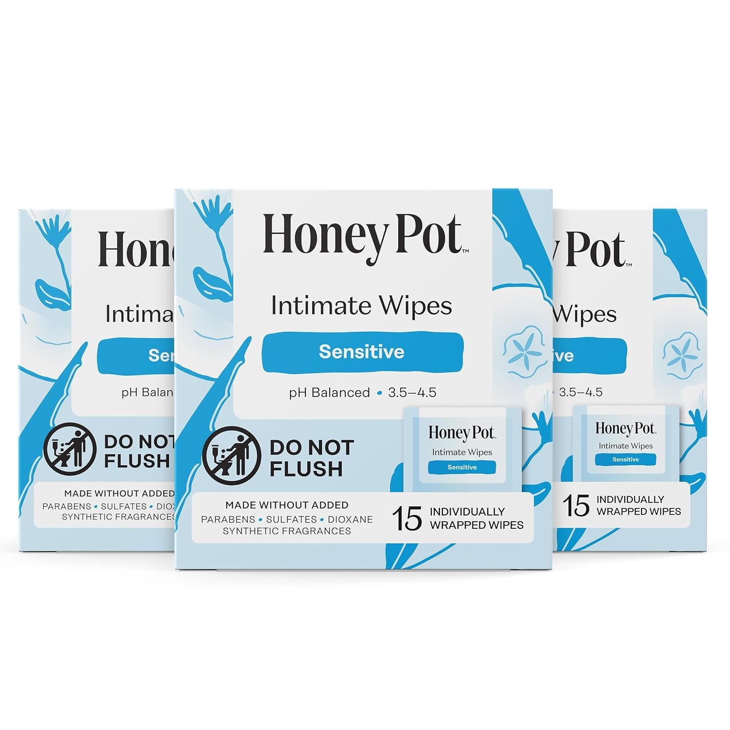 The Honey Pot Company – Feminine Wipes – Sensitive – Individually Wrapped – pH Balancing, Herbal Infused Plant-Based Feminine Care – Great for Travel & Period Kits – 15ct (Pack of 3)