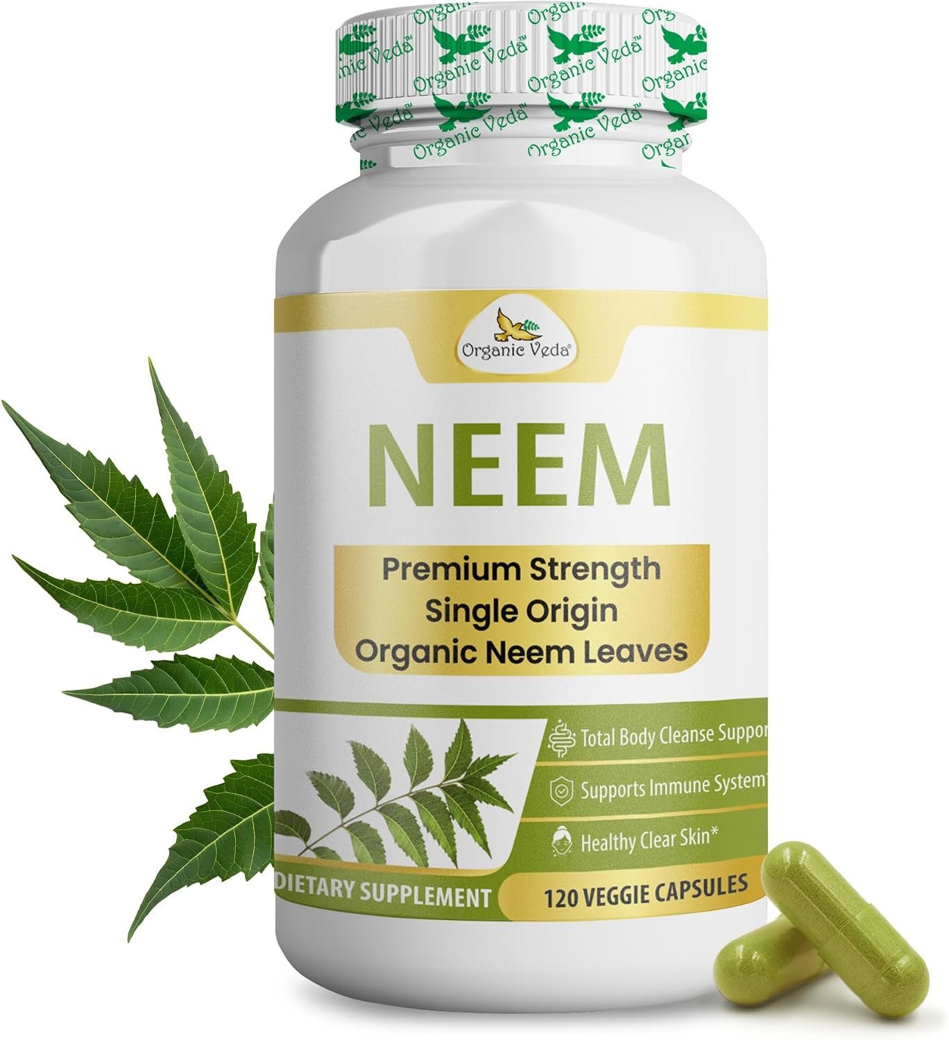 Organic Veda Neem Capsules – Herbal Supplement for Clear Skin, Immune & Gut Health For Men & Women – Single Origin True Green Neem Leaf Powder – Purifying & Cleansing Ayurveda Herb, 120 Vegan Capsules