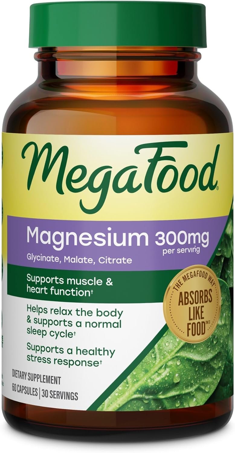 MegaFood Magnesium Glycinate, Citrate, Malate 300mg Supplement – Highly Absorbable Blend to Support Heart, Nerve Health & Relaxation, Triple Magnesium Complex Supplement, 60 Capsules (30 Servings)