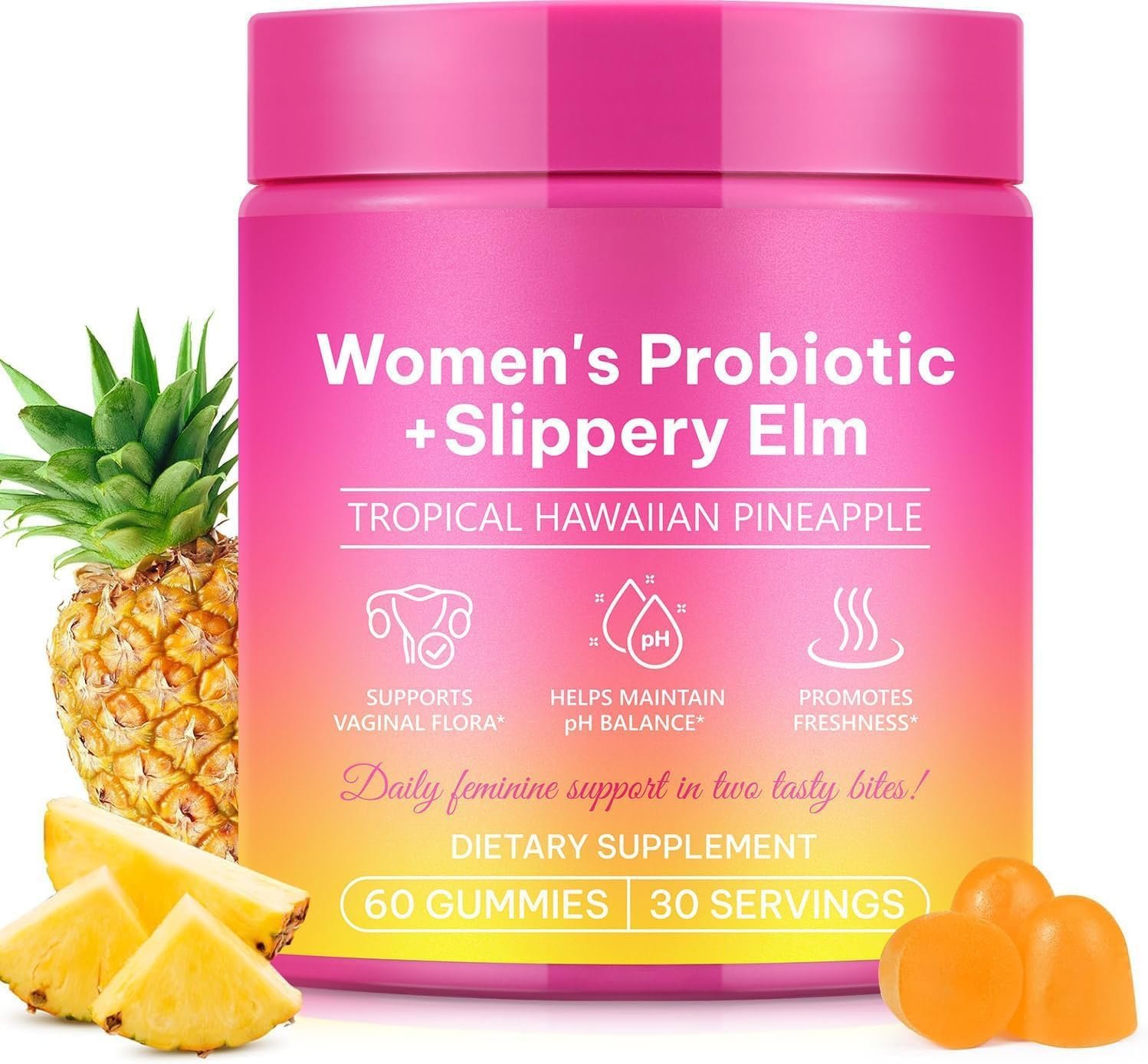 Feminine Probiotics Gummies,Vaginal Women Probiotic,Feminine Balance pH Gummies for Healthy Odor,Improve Immune,Support Vaginal Health,with Slippery Elm(60 Gummies)