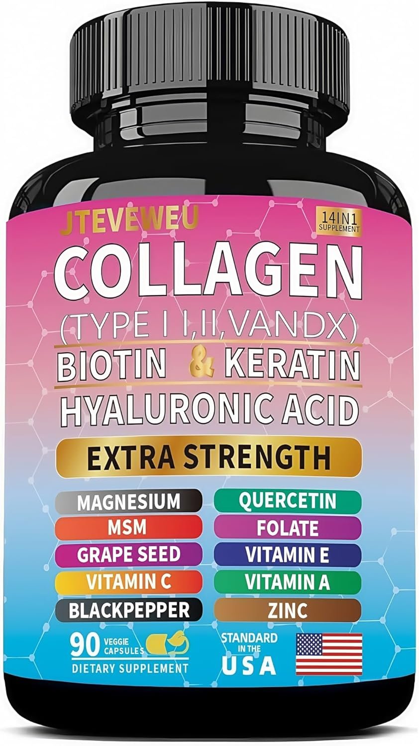 Collagen Supplement – Types I, II, III, V & X, MCG Biotin, Keratin, Hyaluronic Acid, Zinc, Grape Seed Extract, Quercetin, Vitamin A, Vitamin C, Vitamin E, Magnesium, Folic Acid（90 Capsules）