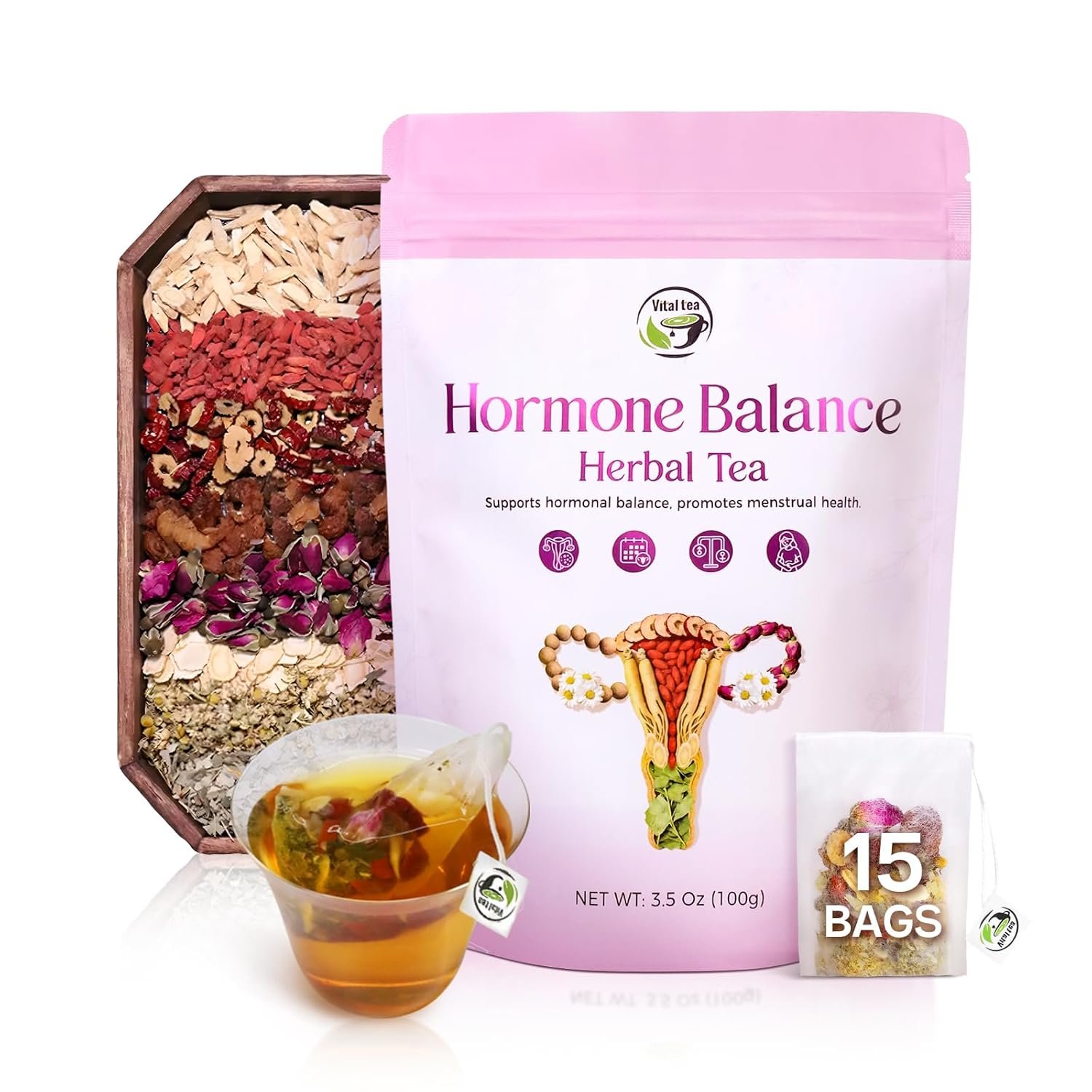 Vital Tea Hormone Balance Tea for Women, Soothing Chamomile & Raspberry Leaf Tea for Menstrual Cycle, PMS Support & Mood Balance – 100% Natural, Caffeine Free,15 Tea Bags
