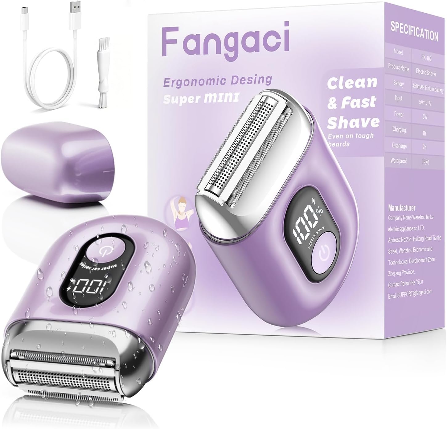 Cordless Electric Razors for Women: Mini Electric Shaver with Big LED Display – Rechargeable Bikini Trimmer – IPX7 Waterproof Wet Dry for Face, Body & Legs (Birght Purle)