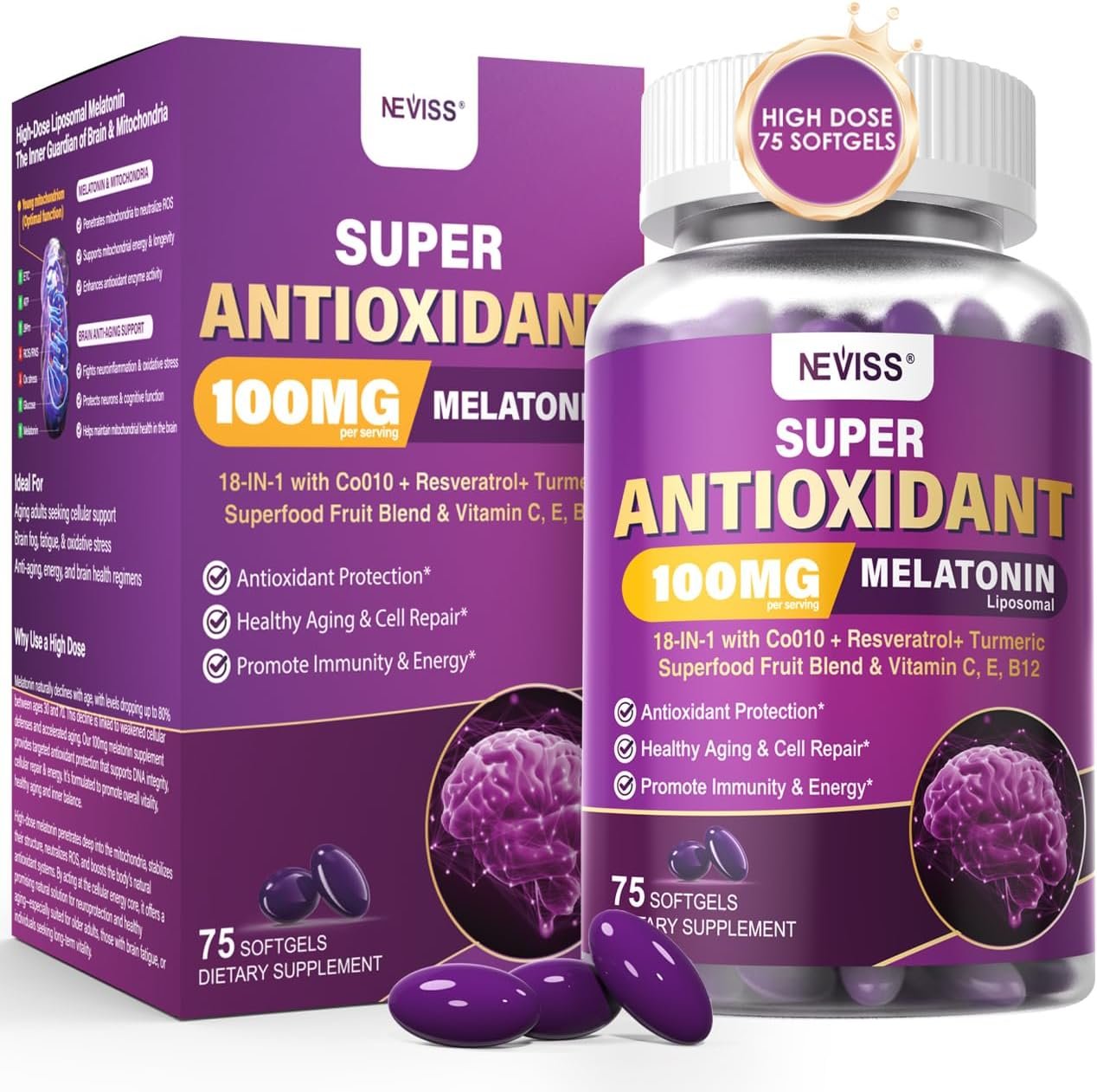 Melatonin 100mg for Antioxidant & Cognitive Health, Ultra High Dose Melatonin with CoQ10, Turmeric, Trans-Resveratrol, Vitamin B12 C E for Brain Anti-Aging, Cellular Repair and Energy, 75 Softgels