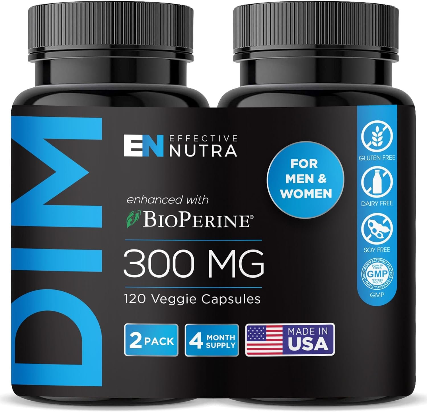 Effective Nutra DIM Supplement 300mg + BioPerine, Extra Strength Estrogen Blocker for Men & Hormone Balance for Women – Diindolylmethane, Hormonal Acne, Menopause Support – 120 Veggie Capsules
