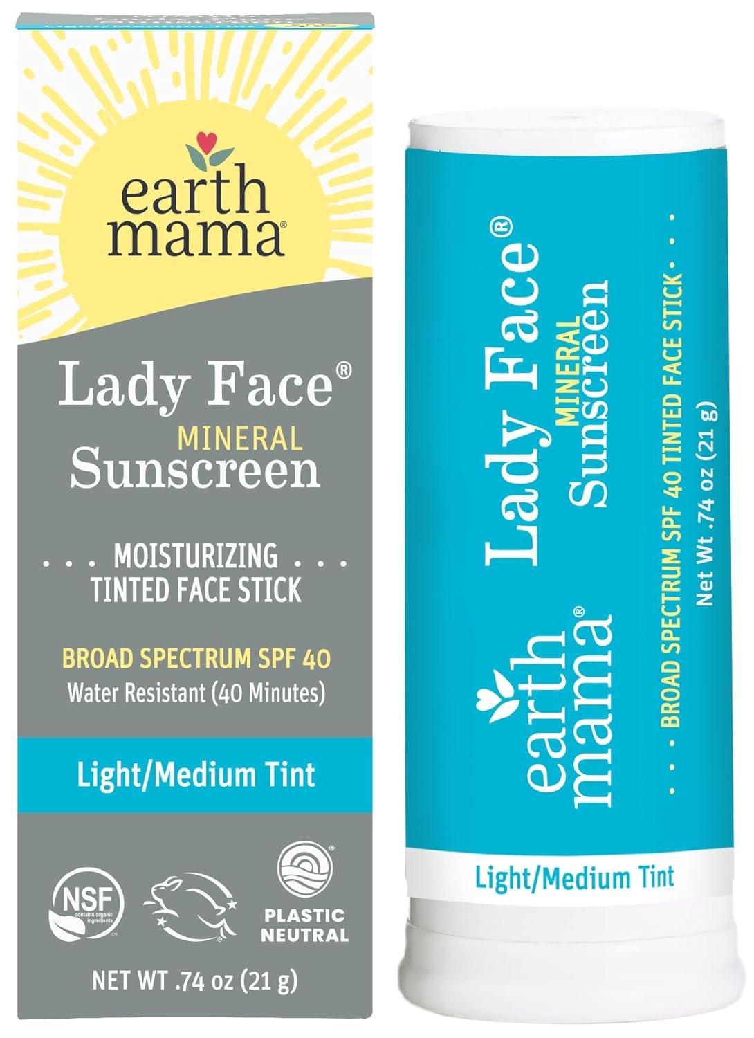Earth Mama Lady Face Tinted Mineral Sunscreen Stick SPF 40-0.74 oz – Light/Medium Tint – Non-Nano Zinc – Broad Spectrum Face Sunscreen – Blends with Most Skin Tones