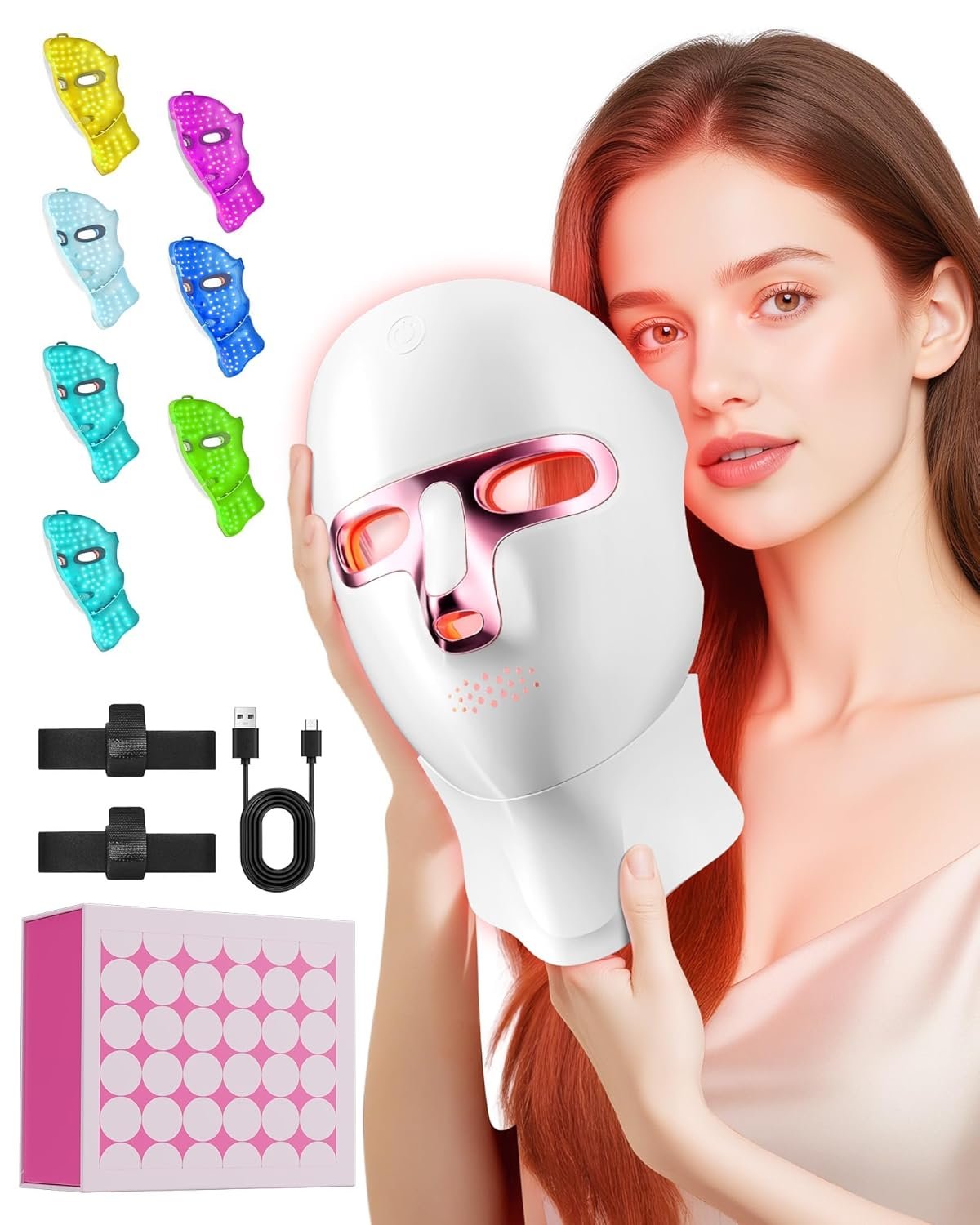 Red Light Therapy for Face- Led Therapy Mask Skin Care Mask,Cordless LED Face Mask face & neck Red & Infrared Lights Masks Wavelength,USB C Rechargeable for Home Use Working Travel Yoga (Pink）