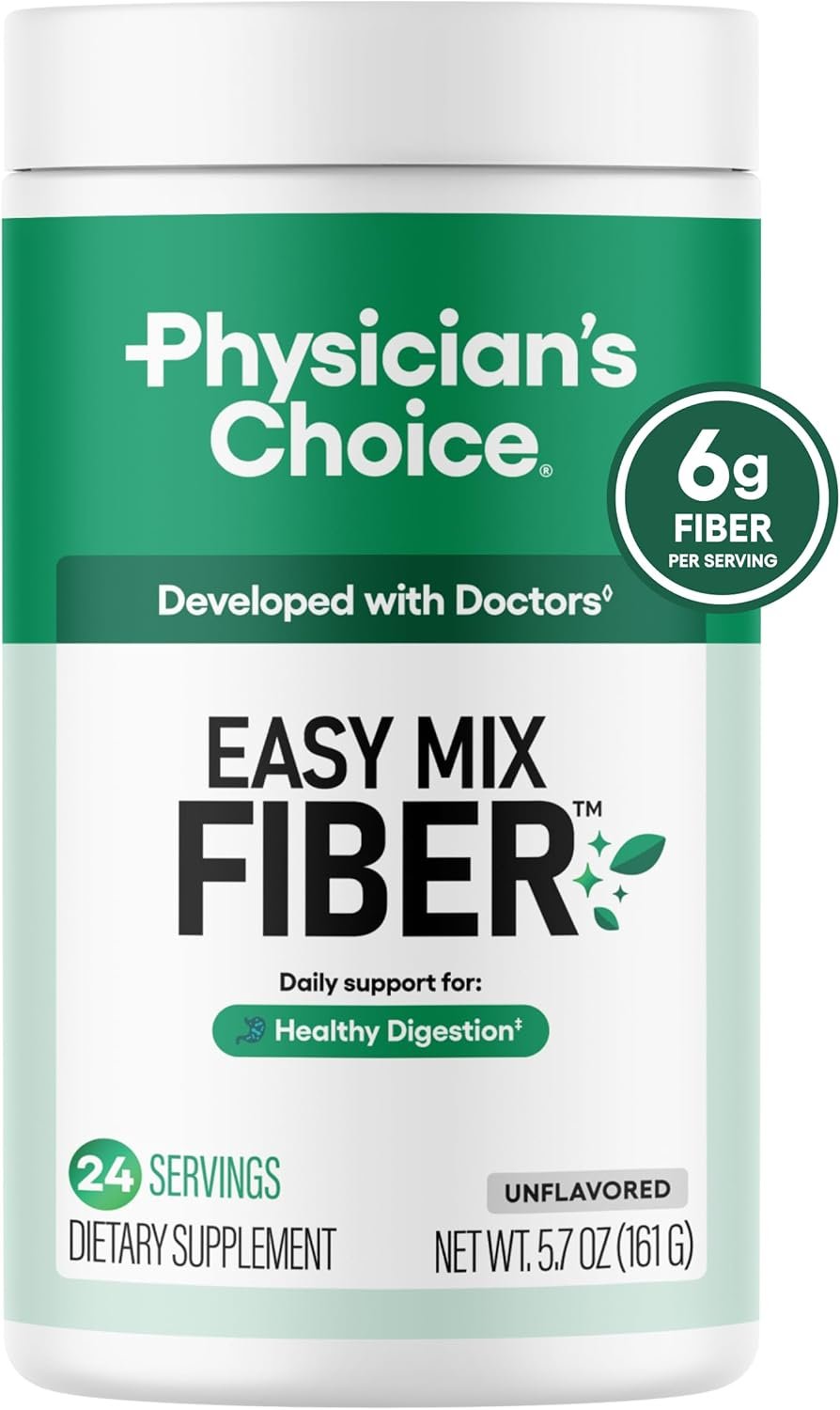 Physician’s CHOICE Easy Mix Fiber for Digestive Health & Regularity – No Grit, Sugar Free, & Tasteless – Daily Prebiotic Soluble Fiber Powder Supplement for Women and Men – Unflavored – 5.7oz