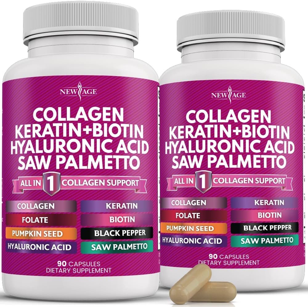 NEW AGE Collagen Pills Biotin Keratin Saw Palmetto Hyaluronic Acid – Vitamin E Folic Acid Pumpkin Seed MSM – 90 Count (Pack of 2)
