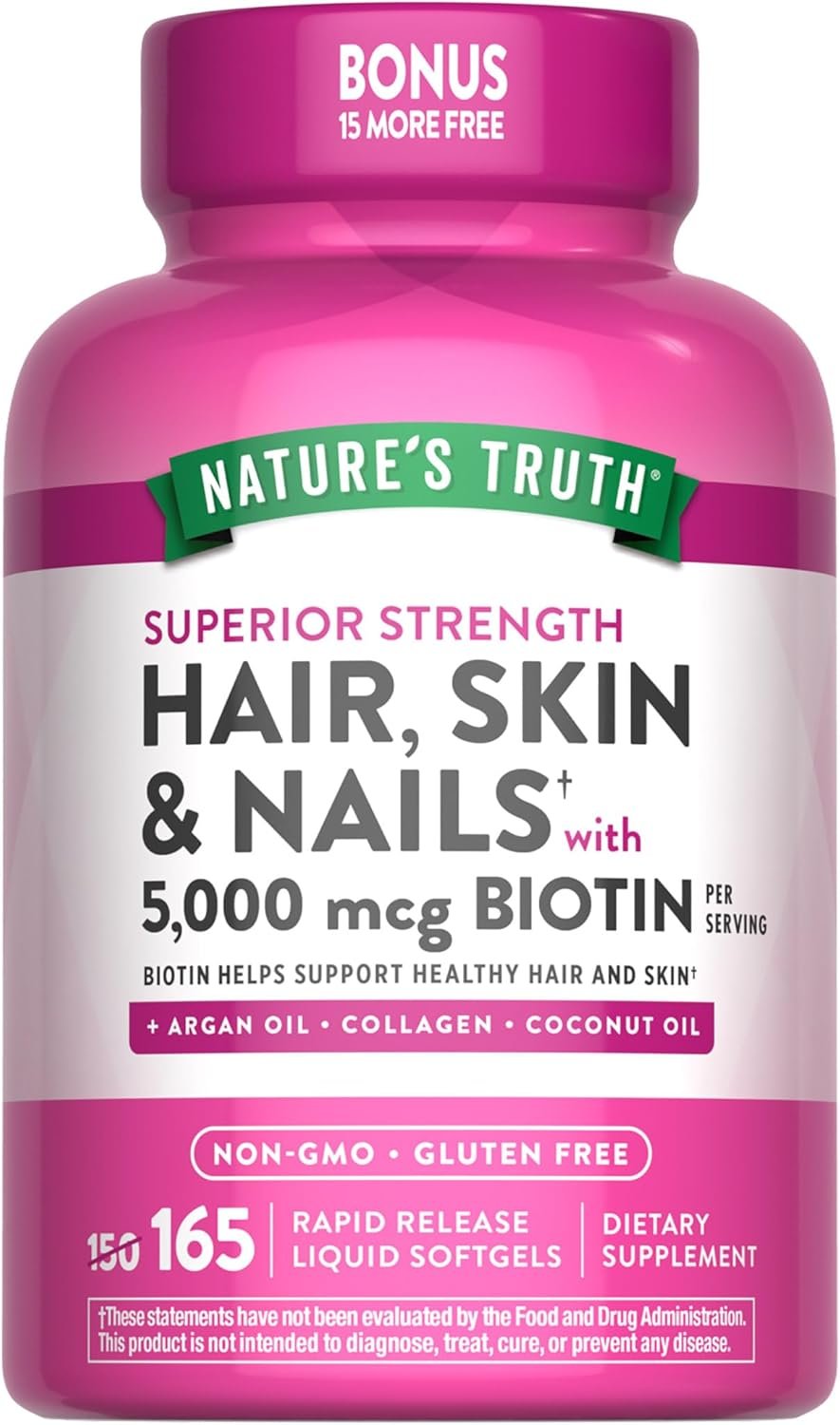 Nature’s Truth Hair, Skin & Nails Vitamin | 5000 mcg Biotin | 165 Softgels | with Collagen | Non-GMO & Gluten Free Supplement