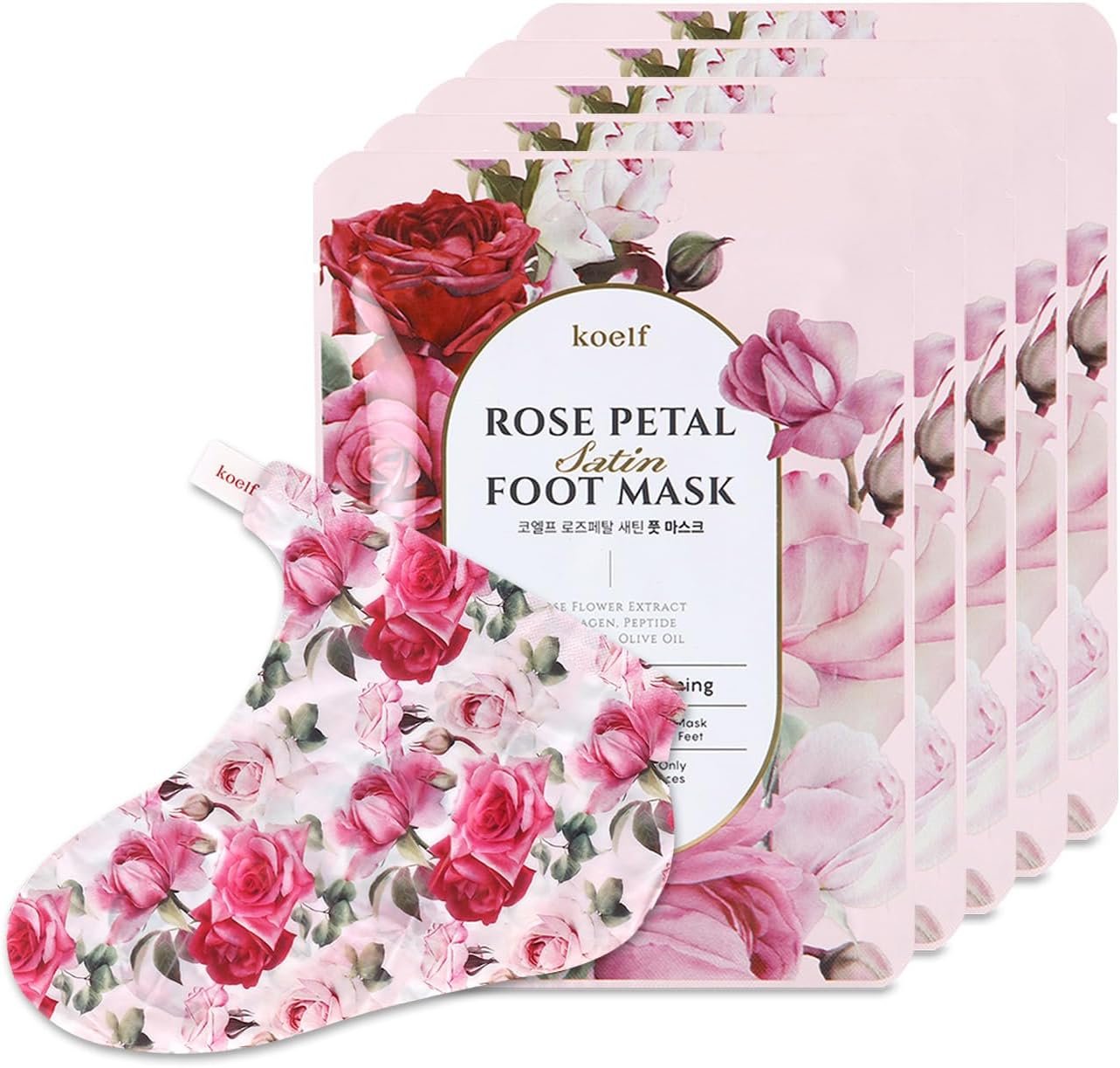 koelf Rose Petal Satin Foot Mask (5pairs) – Korean Skin Care, Intensive Nourishing Socks, Rose Scented Foot Repair Masks with Peptide, Collagen, Shea Butter, Urea for Smooth Feet, Foot Treatment