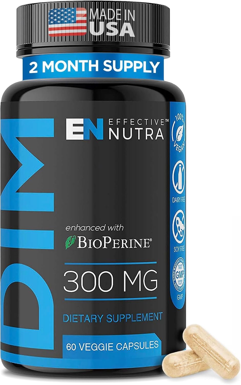 Effective Nutra DIM Supplement 300mg + BioPerine, Extra Strength Estrogen Blocker for Men & Hormone Balance for Women – Diindolylmethane, Hormonal Acne, Menopause Support – 60 Veggie Capsules