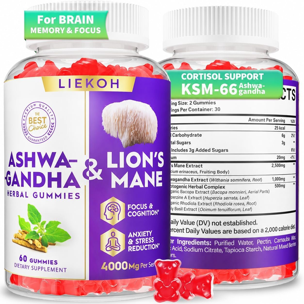 Ashwagandha Gummies – Organic Ashwagandha & Lions Mane Gummies for Adults with 4 Adaptogenic Herb for Stress, Cognitive & Immune Support| Cortisol Supplements for Women & Men, Berry Flavor – 60 Counts