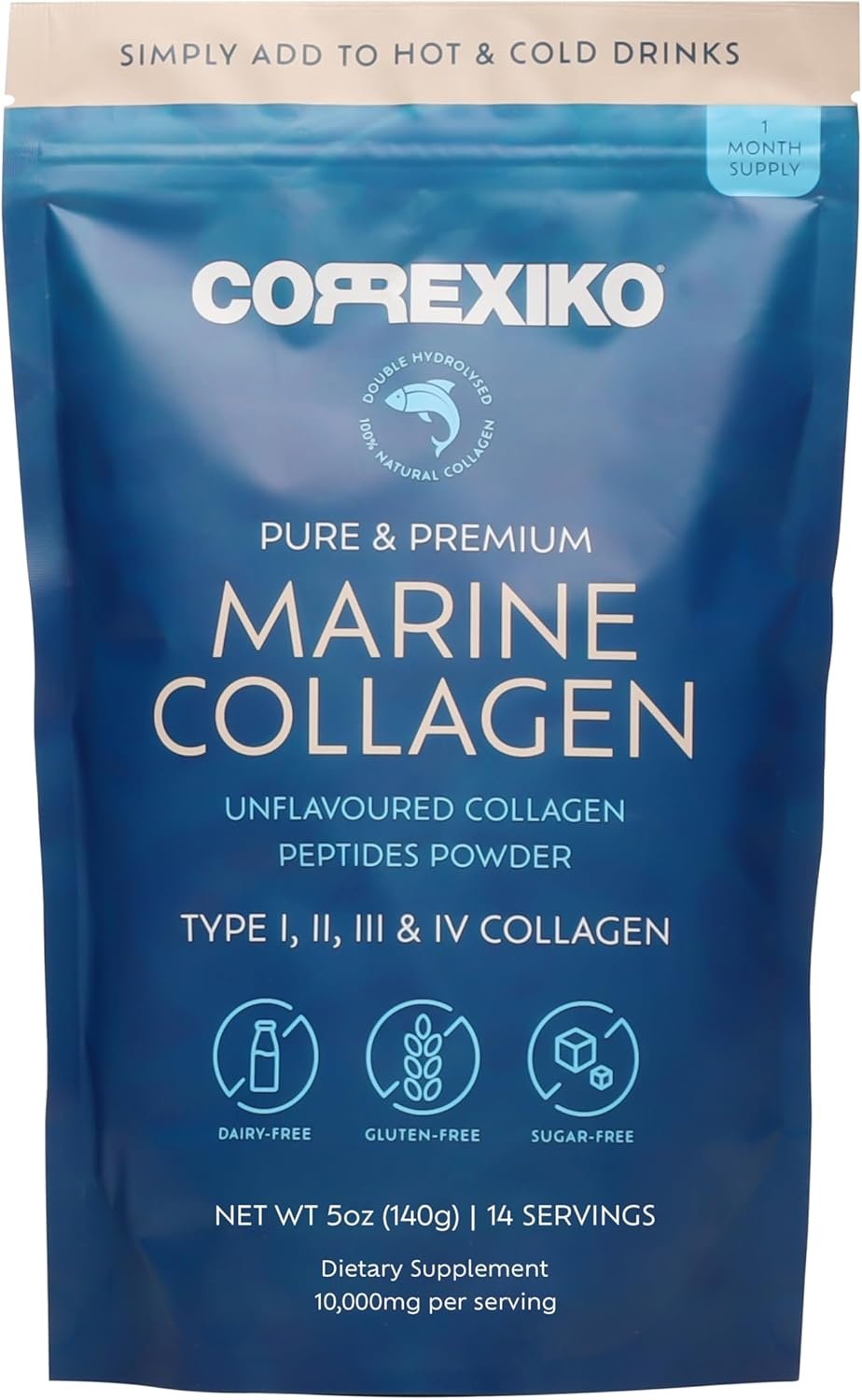 CORREXIKO Marine Collagen Powder Supplement Unflavored – Hydrolyzed Collagen Peptides per Serving – Formulated for Maximum Absorption – Hair, Skin & Nails – 5oz, 14 Servings