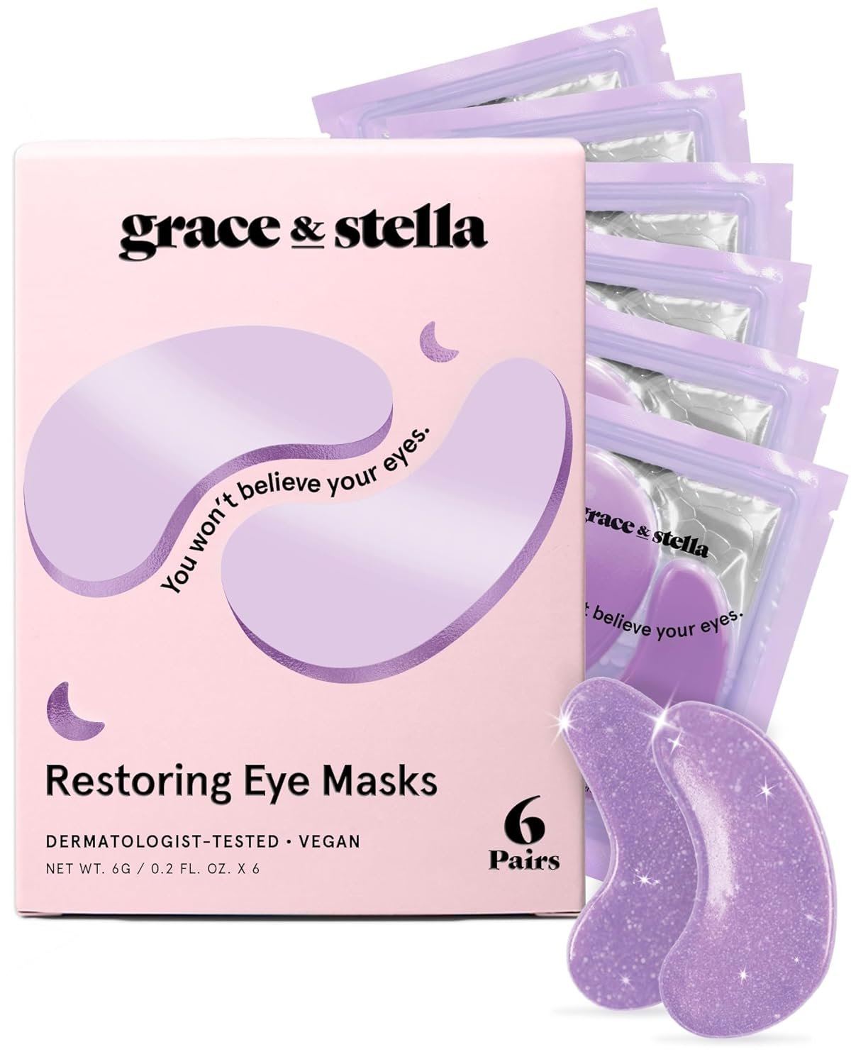 grace & stella Retinol Under Eye Patches for Puffy Eyes and Dark Circles, Restoring Gel Under Eye Masks with Hyaluronic Acid – Vegan Cruelty-Free Skincare – Gifts for Teen Girls (Purple, 6 Pairs)