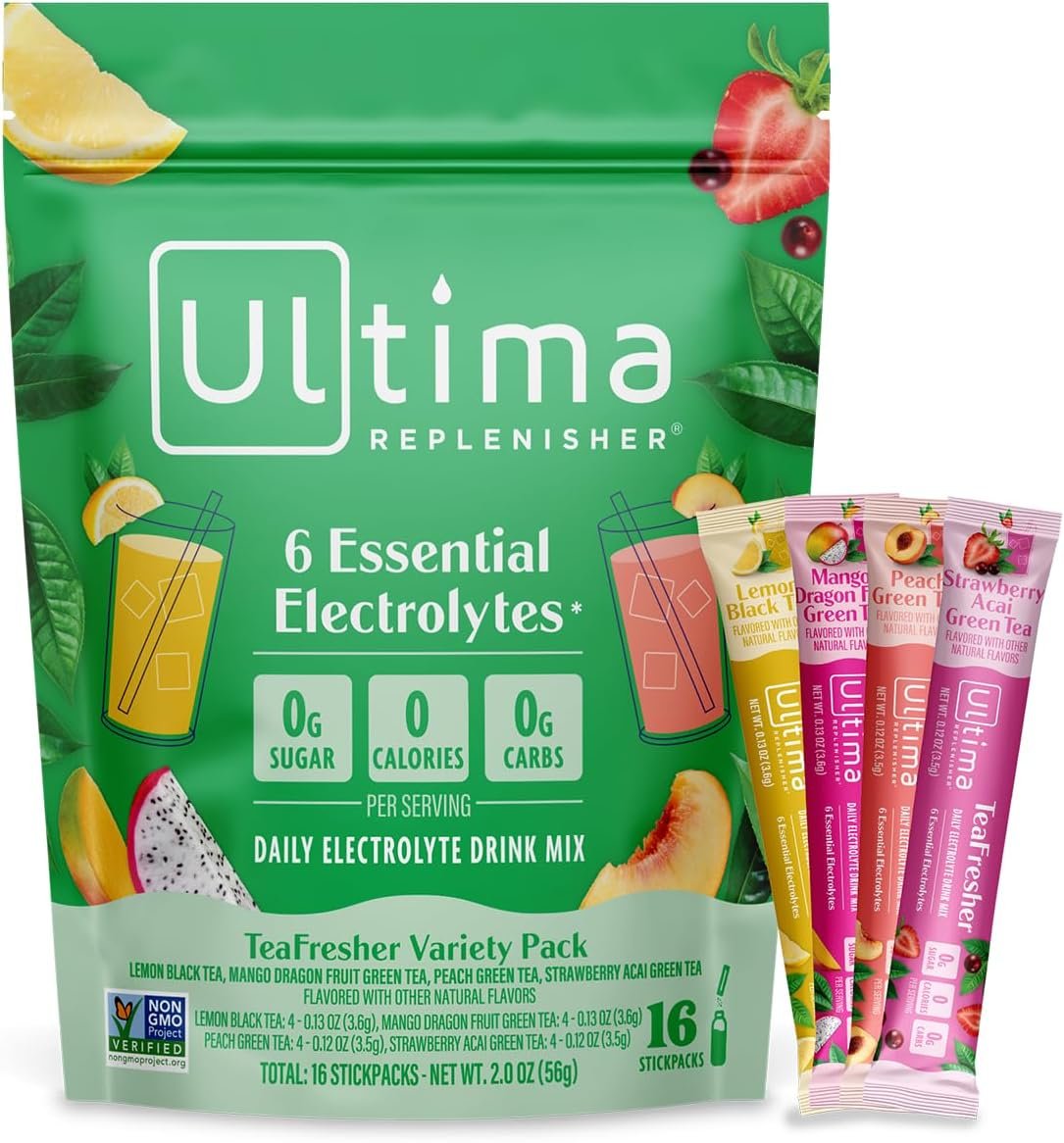Ultima Replenisher Electrolyte Powder & Instant Tea Drink Mix – TeaFresher Variety, 16 Stickpacks – Sugar Free Electrolytes Hydration Packets with Fruit & Tea Fusions – Plant Based & Keto Friendly​