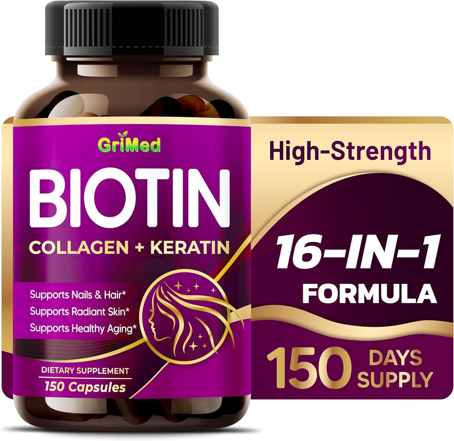 GriMed Biotin Capsules with Collagen, Keratin, Hyaluronic Acid & Resveratrol, Hair Skin and Nails Support, 150 Count