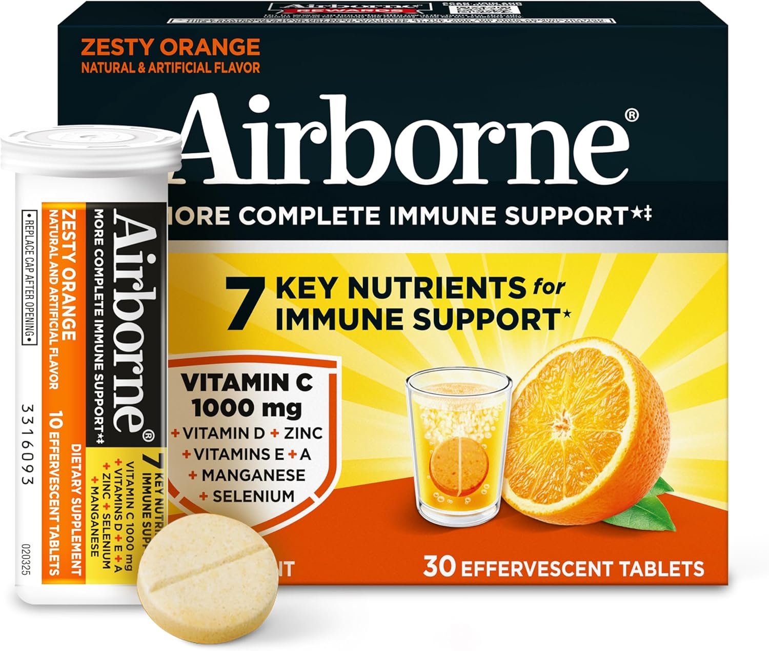 Airborne Immune Support Effervescent Tablets, Zesty Orange Flavor – 30ct with 1000mg Vitamin C + Vitamins A, D, E, Zinc, Selenium, Manganese & Herbal Blend – Sugar‑Free, Gluten‑Free