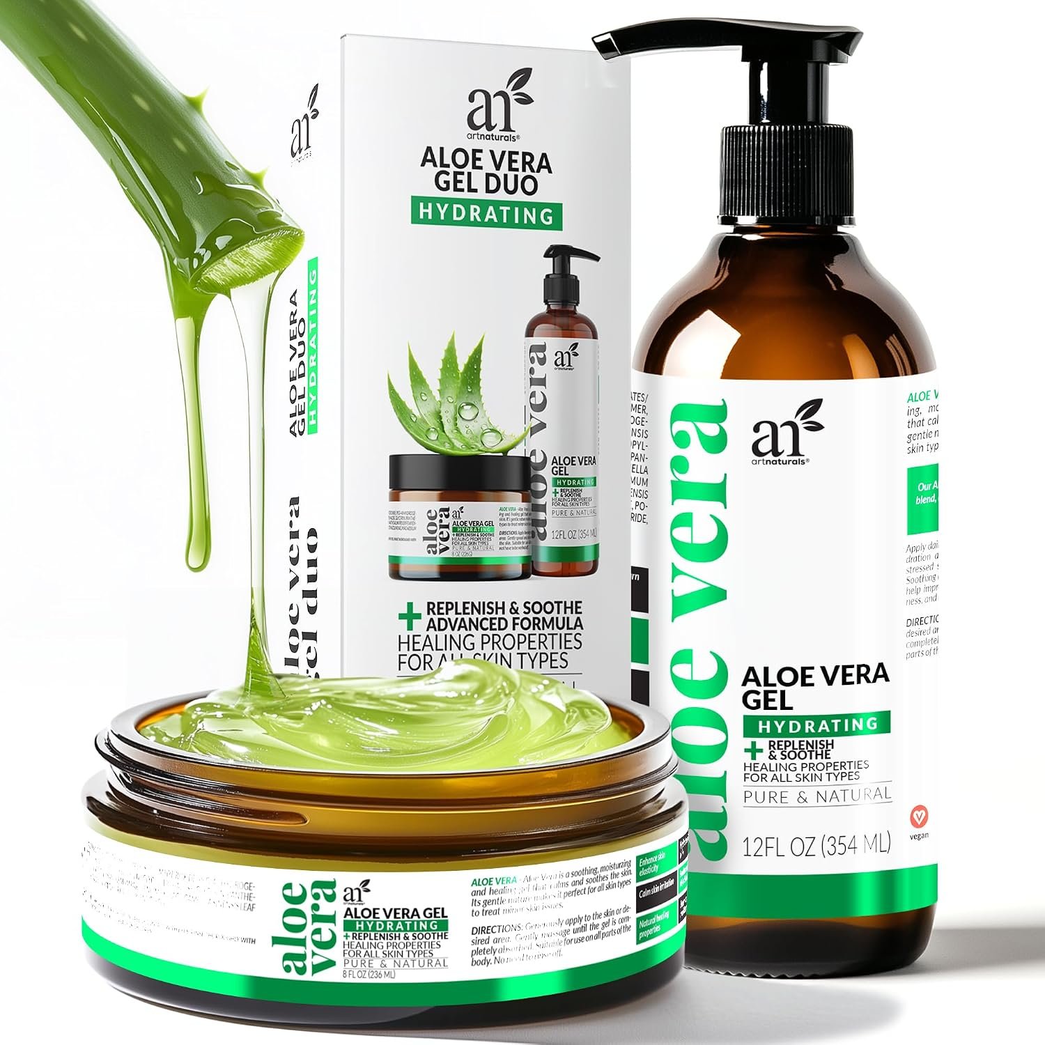 artnaturals Aloe Vera Gel Set – JUMBO 20oz – Sunburn Relief & Hydration for Face, Body, Scalp & Hair – Calming Moisturizer After Sun Exposure – Freshly Harvested within 12 Hours