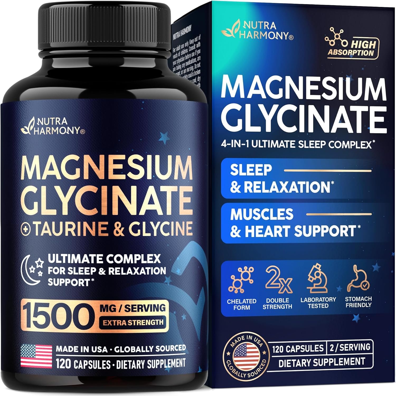Magnesium Glycinate – Sleep & Relaxation Support – Extra Strength Glycinate, Glycine & Taurine 1500 mg – Magnesium Supplement for Women & Men – Chelated & High Absorption – Lab Tested – 120 Capsules