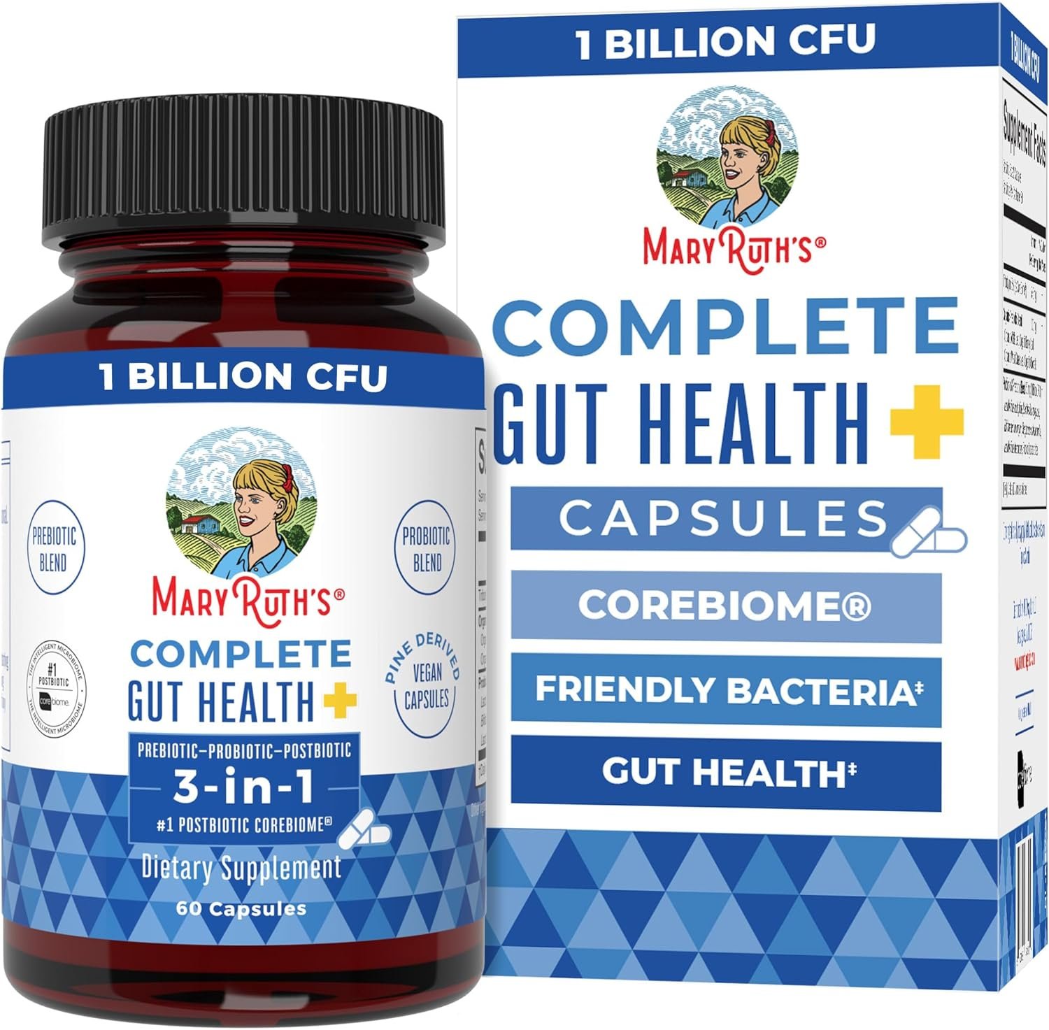 MARYRUTH’S Complete Gut Health+ Probiotic Capsules with Prebiotics & Postbiotics | 5 Probiotic Strains | 1 Billion CFU | Vegan Gut Support | Support Gastrointestinal Health & Microbiome | 30 Servings