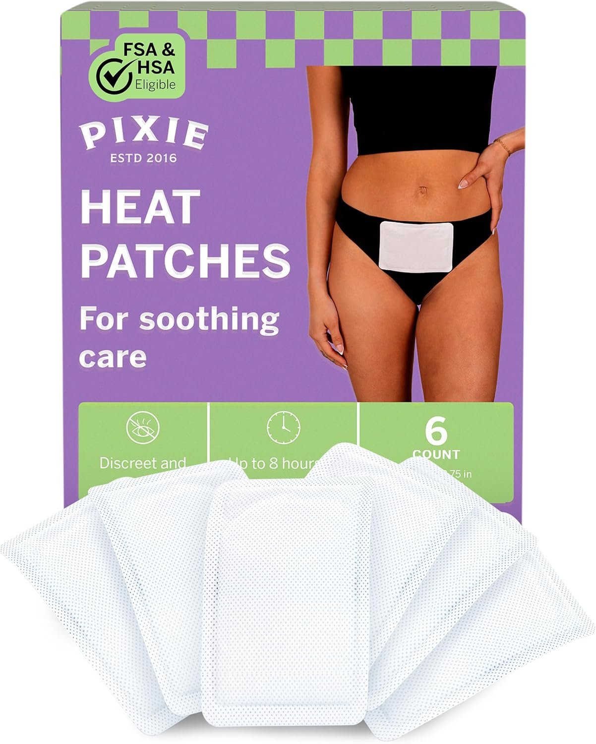 Pixie Period Cramps Menstrual Pain Relief Heat Patches – Lower Abdominal & Back Soothing Therapy – Natural Alternative to Lidocaine ICY Hot – Up to 8 Hours – 6 Count Discreet Disposable Heat Pads